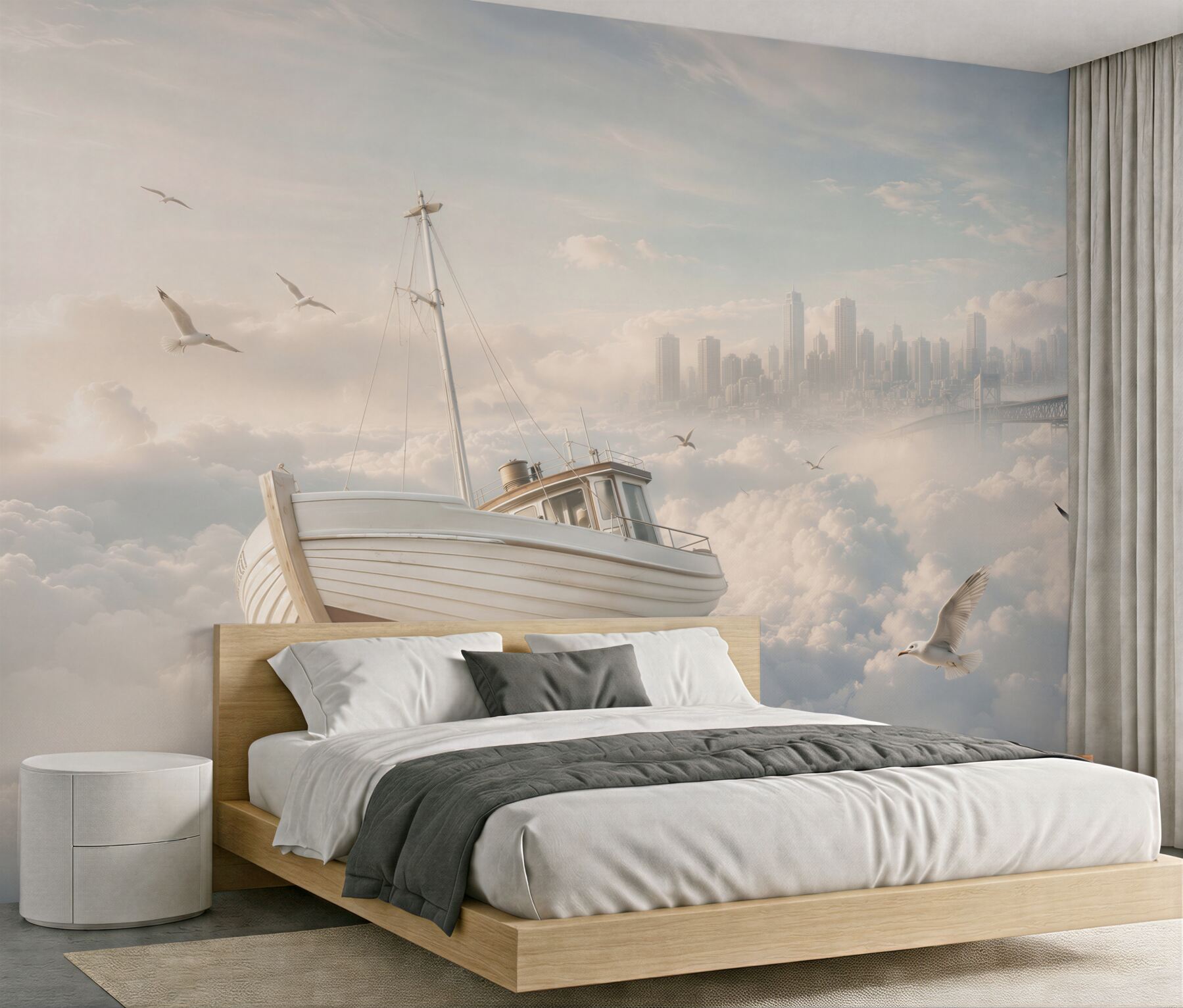 Papier peint bateau dans les nuages avec des mouettes et une ville surréaliste pastel