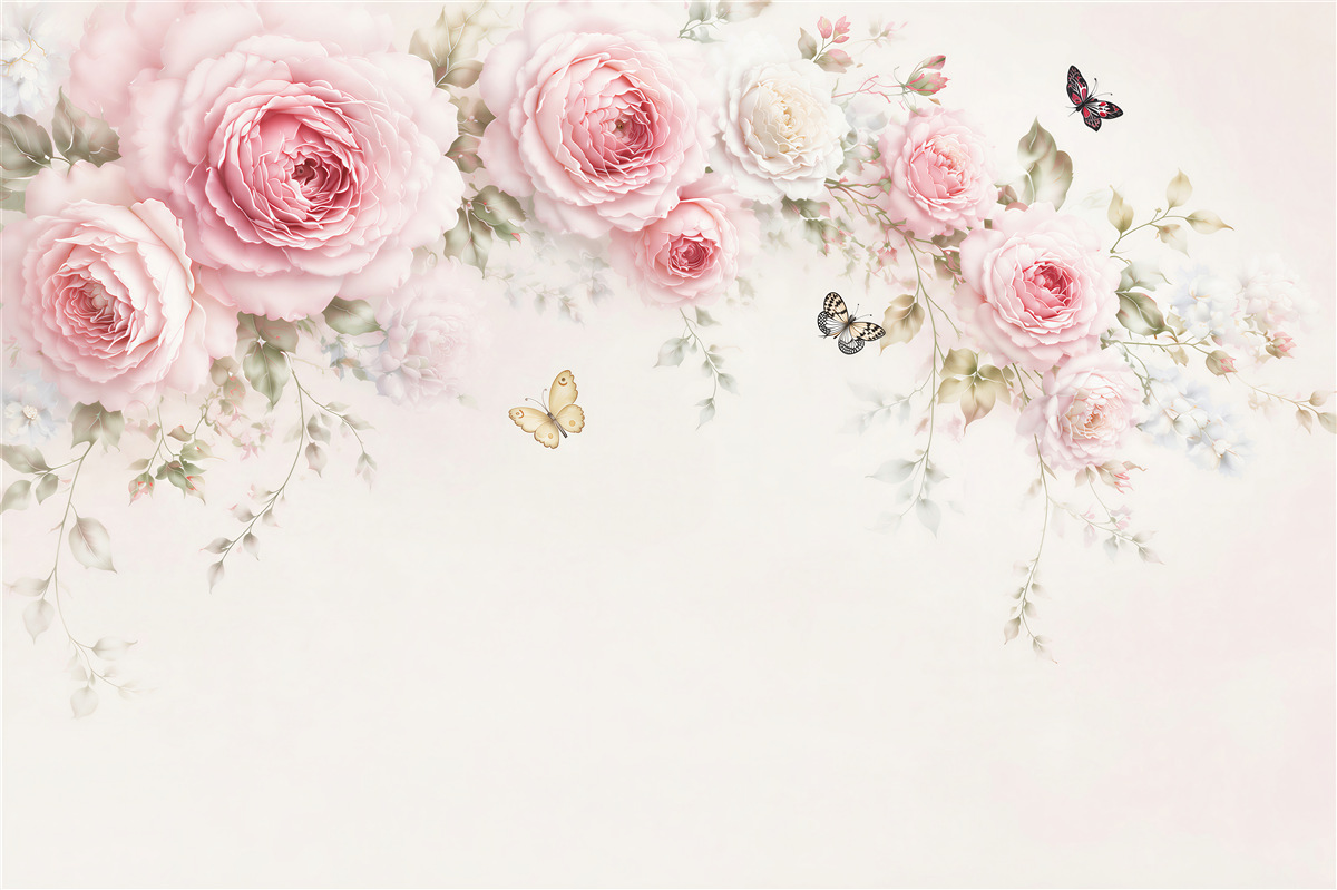 Papier peint pivoine rose avec papillons sur fond clair subtile romantique