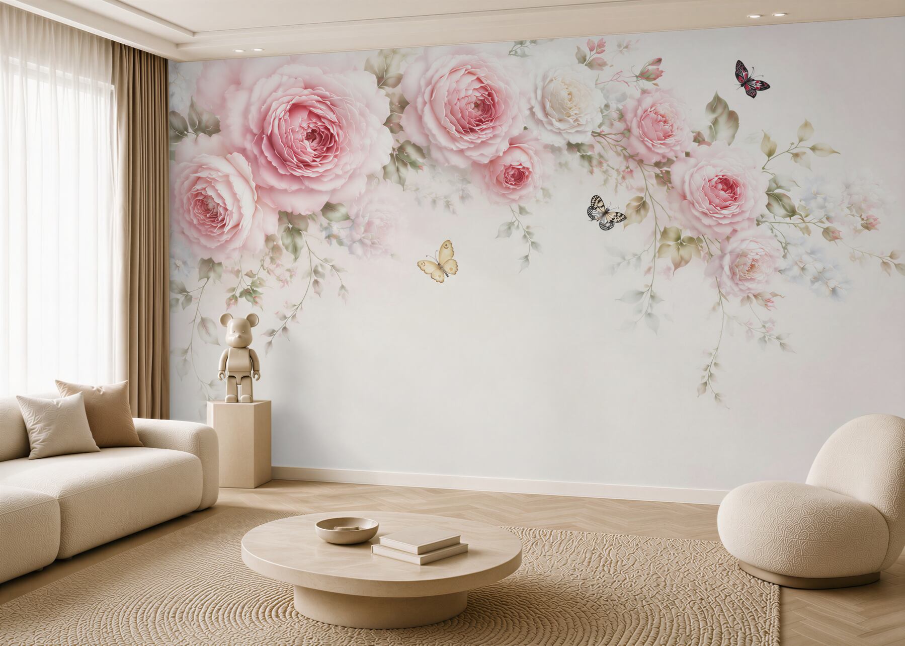 Papier peint pivoine rose avec papillons sur fond clair subtile romantique