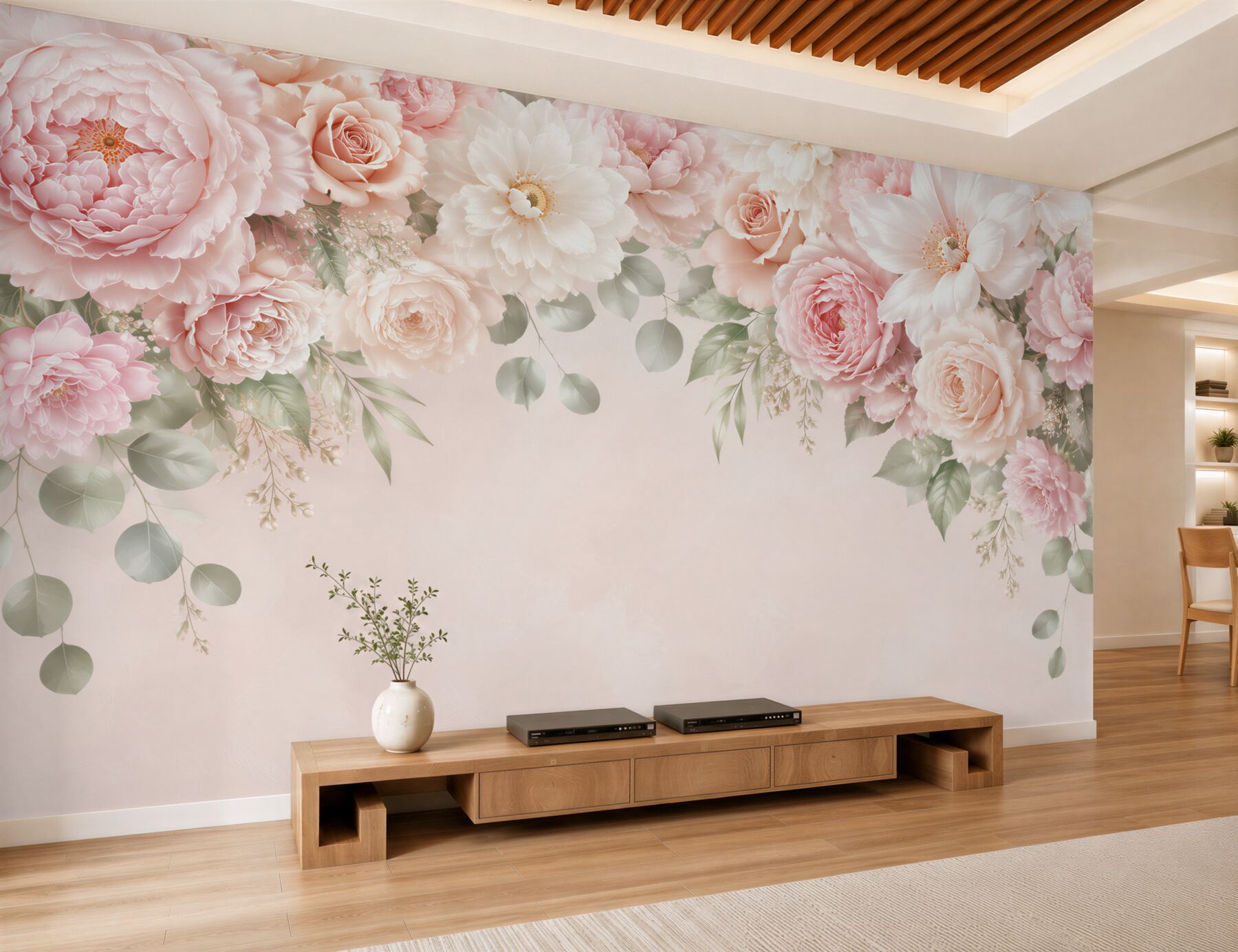 Papier peint pivoines et roses pastel sur fond clair romantique