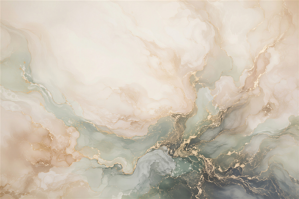 Papier peint marbre abstrait beige vert avec des veines dorées