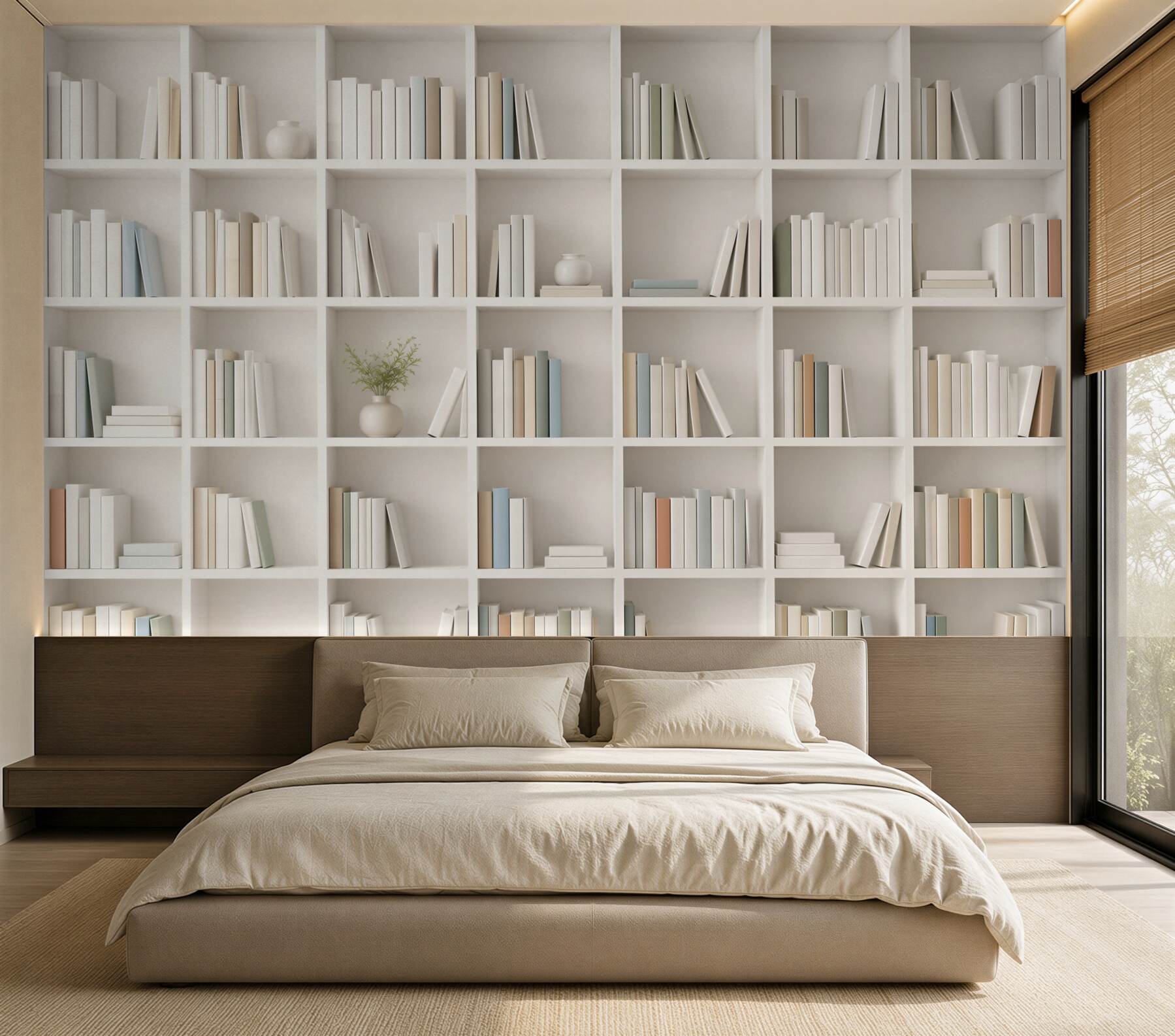 Papier peint bibliothèque blanche avec des livres minimaliste pour bureau et salon