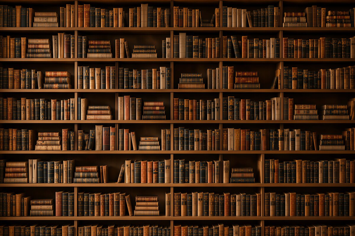 Papier peint étagère avec des livres bibliothèque brune dans un style classique