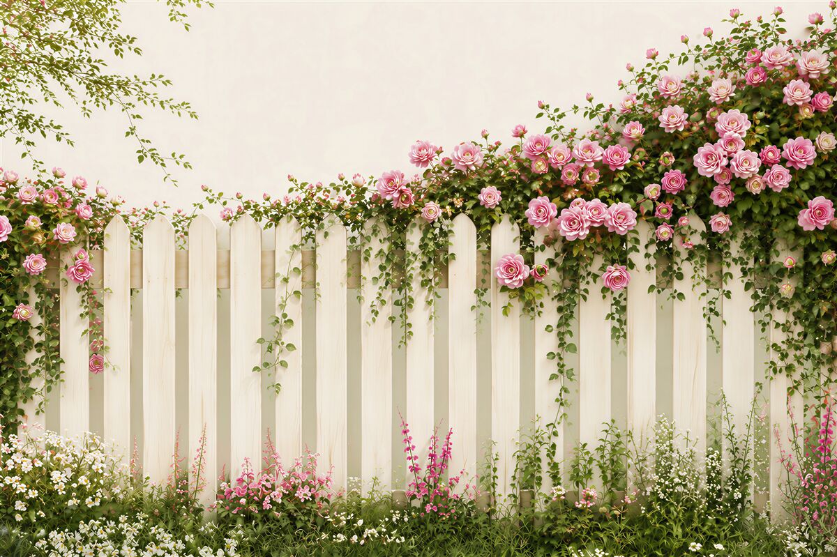 Papier peint roses roses sur une clôture blanche jardin romantique