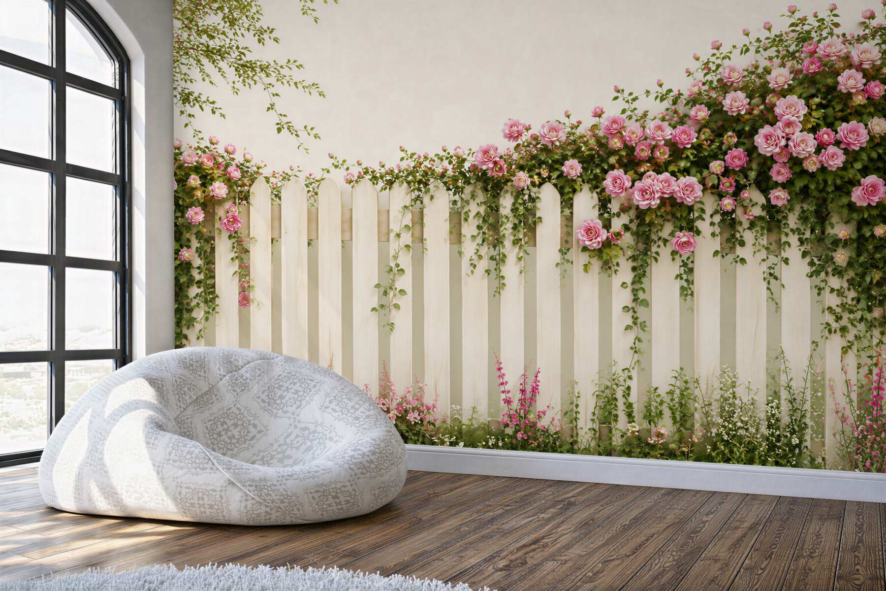 Papier peint roses roses sur une clôture blanche jardin romantique