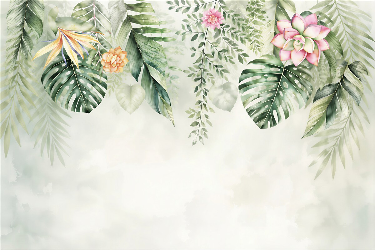 Papier peint feuilles tropicales et fleurs jungle pastel pour chambre