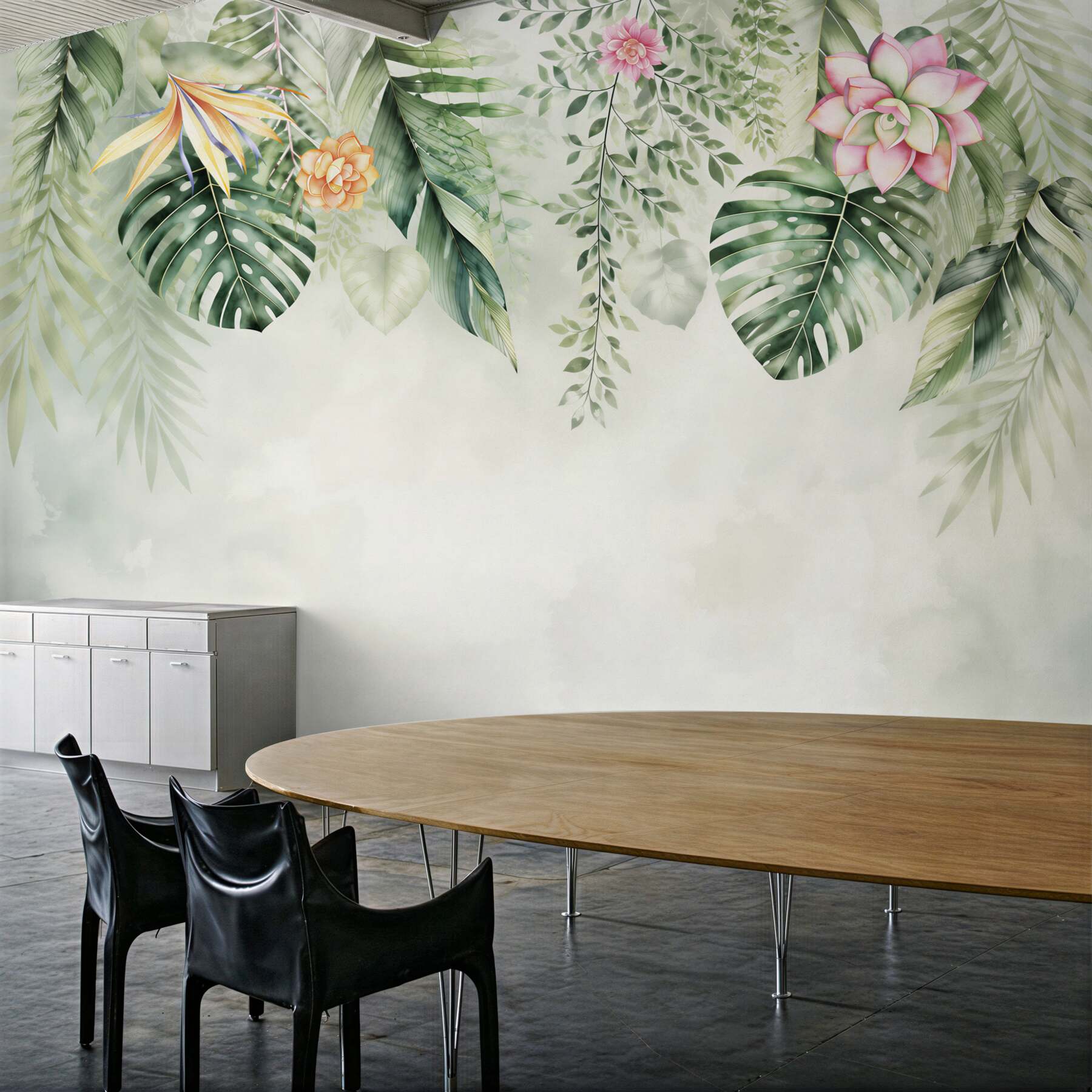 Papier peint feuilles tropicales et fleurs jungle pastel pour chambre