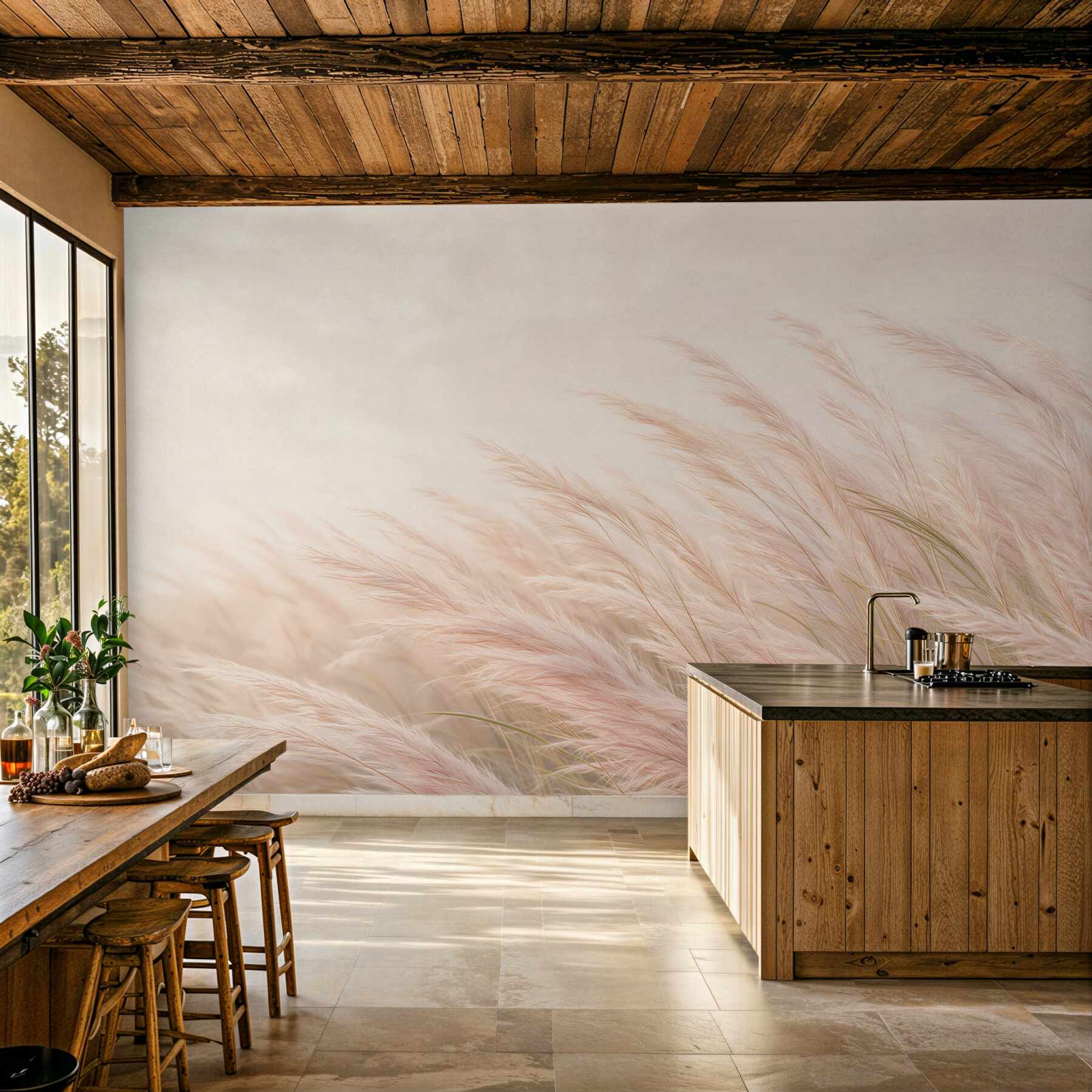 Papier peint herbes de la pampa beige poudré subtil pour un intérieur calme
