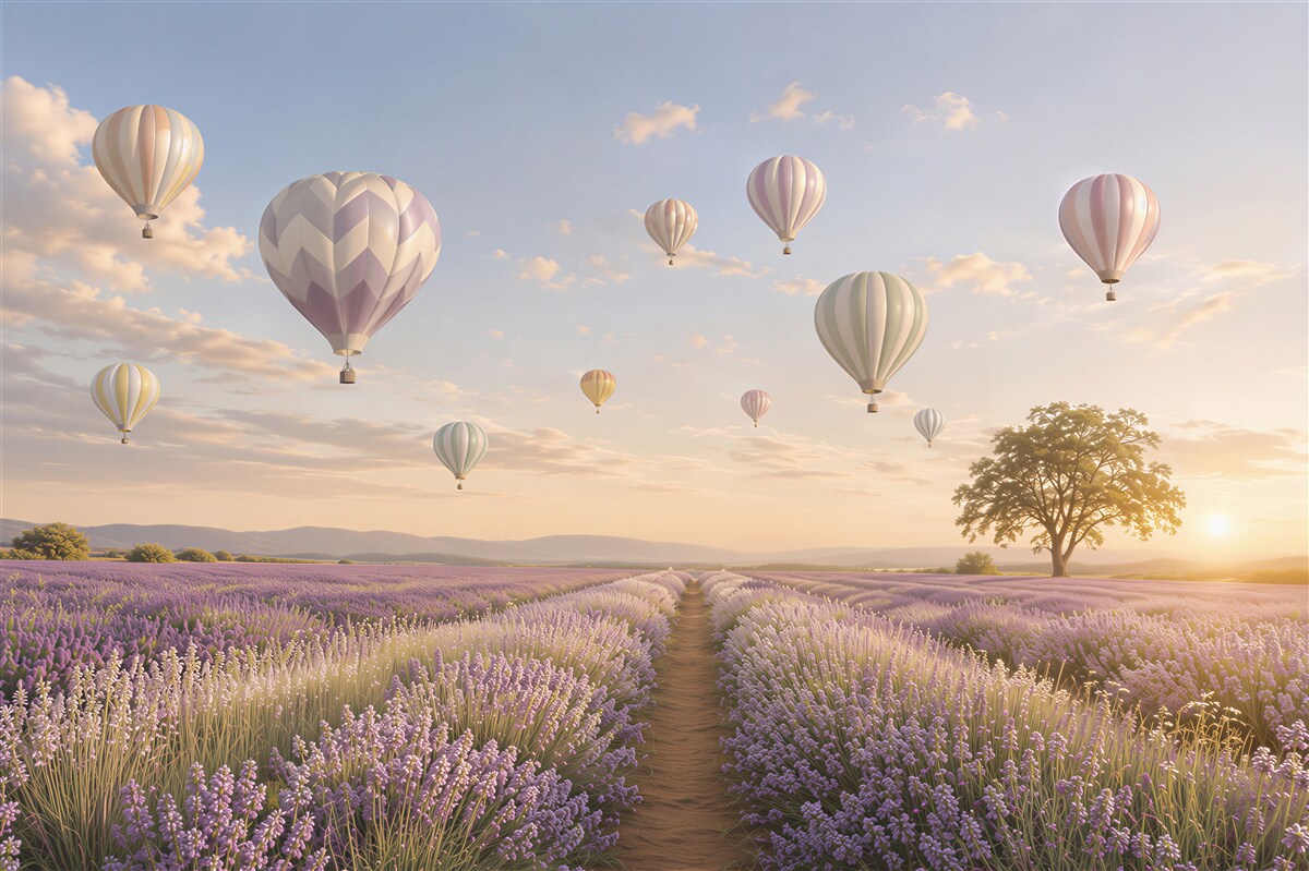 Papier peint champ de lavande avec des ballons dans un ciel pastel romantique