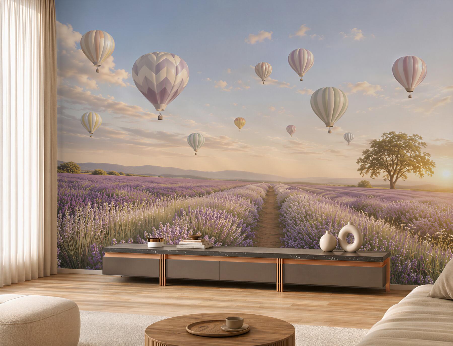 Papier peint champ de lavande avec des ballons dans un ciel pastel romantique