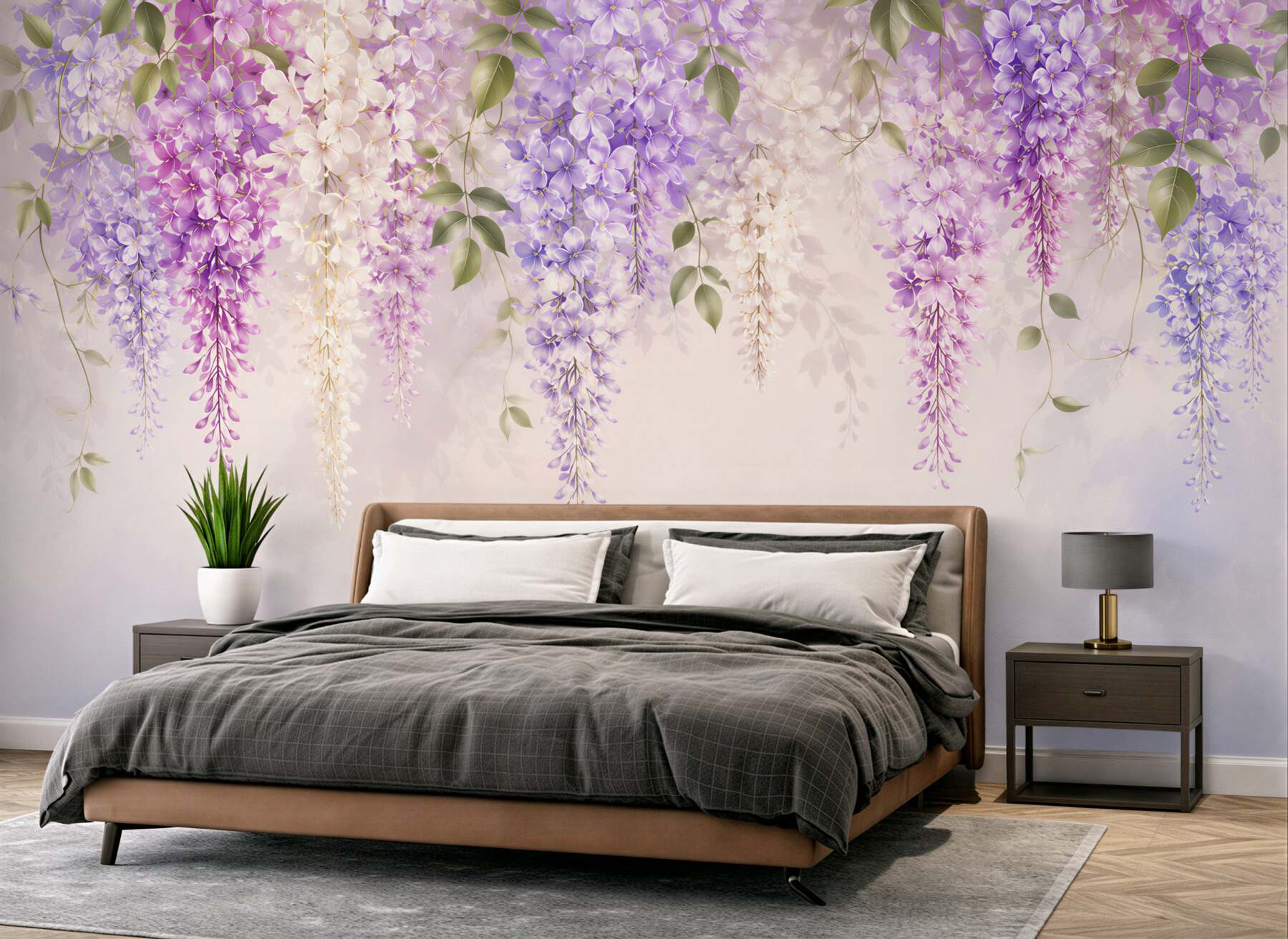Papier peint glycine suspendue violette pastel romantique