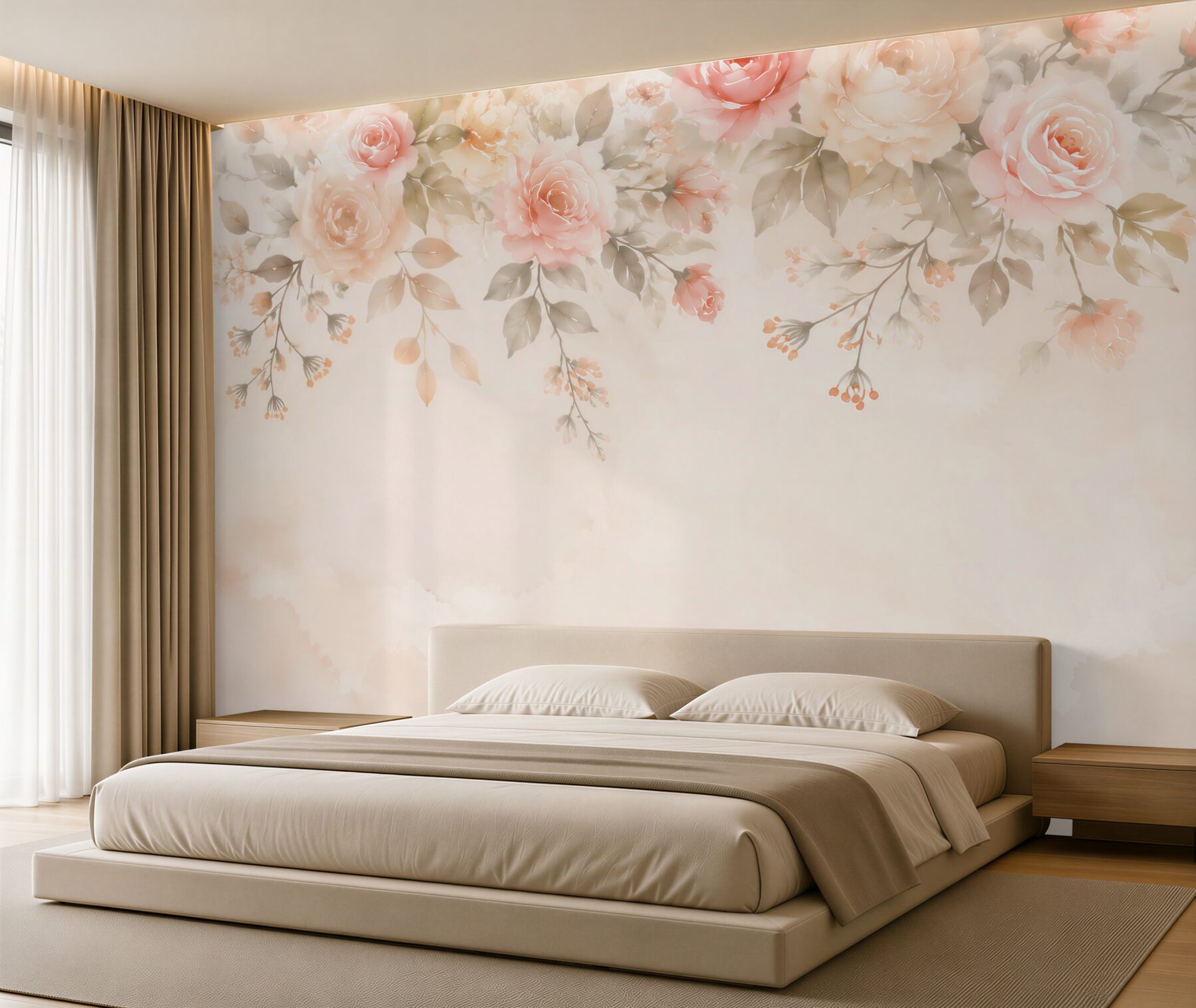 Papier peint fleurs roses pastel avec branches tombantes sur fond clair