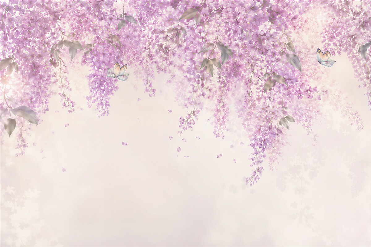 Papier peint glycines violettes avec des papillons romantiques pastel
