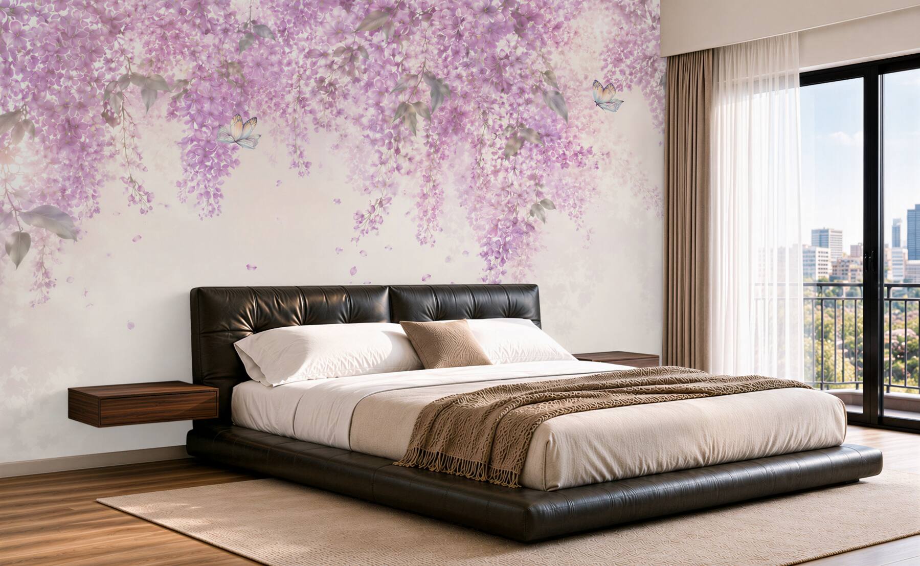 Papier peint glycines violettes avec des papillons romantiques pastel