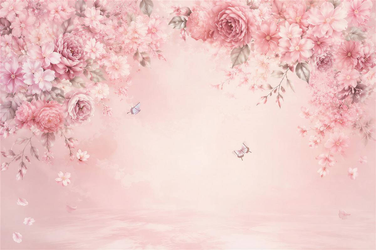 Papier peint fleurs roses pivoines et cerisiers avec des papillons romantique