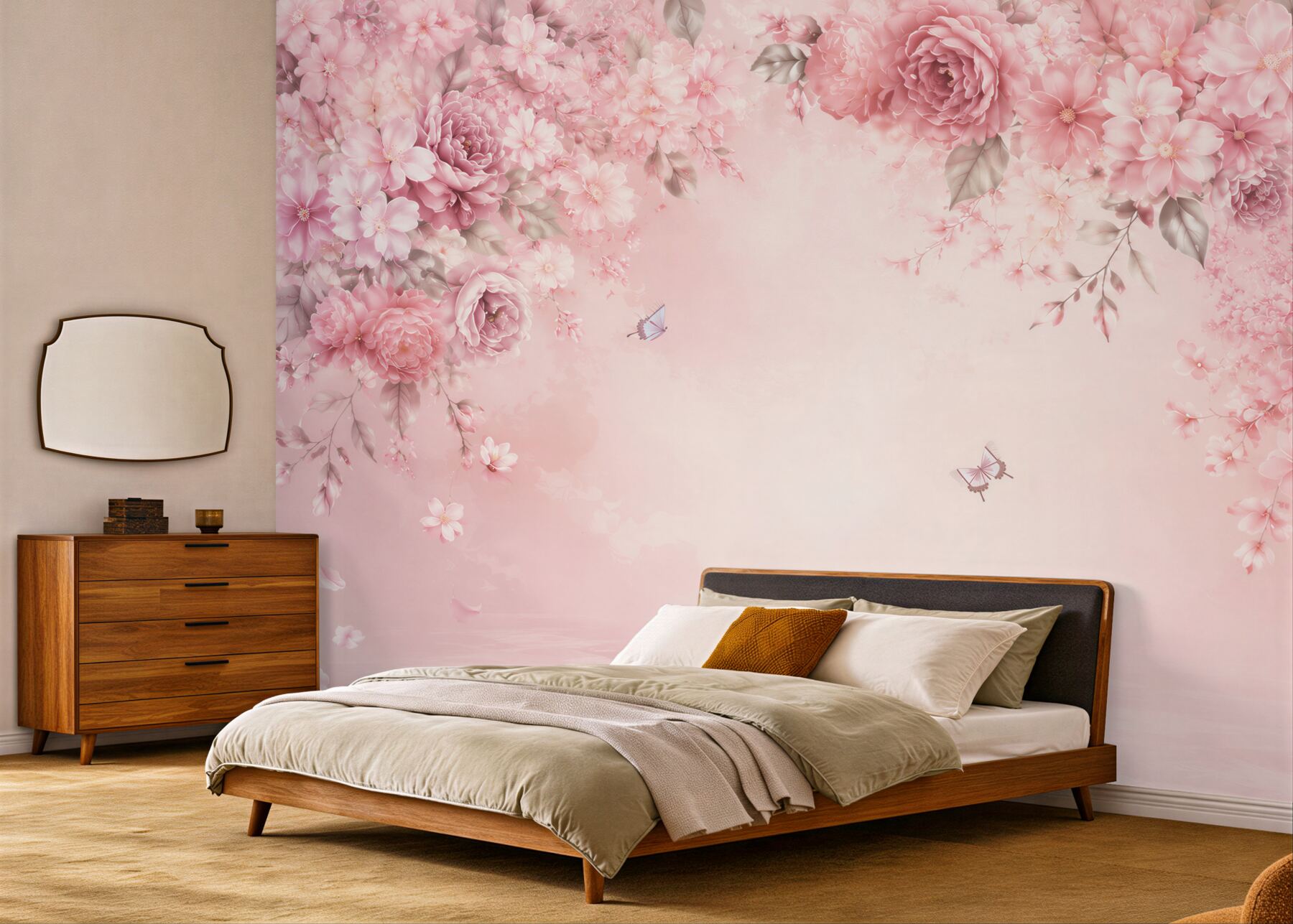 Papier peint fleurs roses pivoines et cerisiers avec des papillons romantique