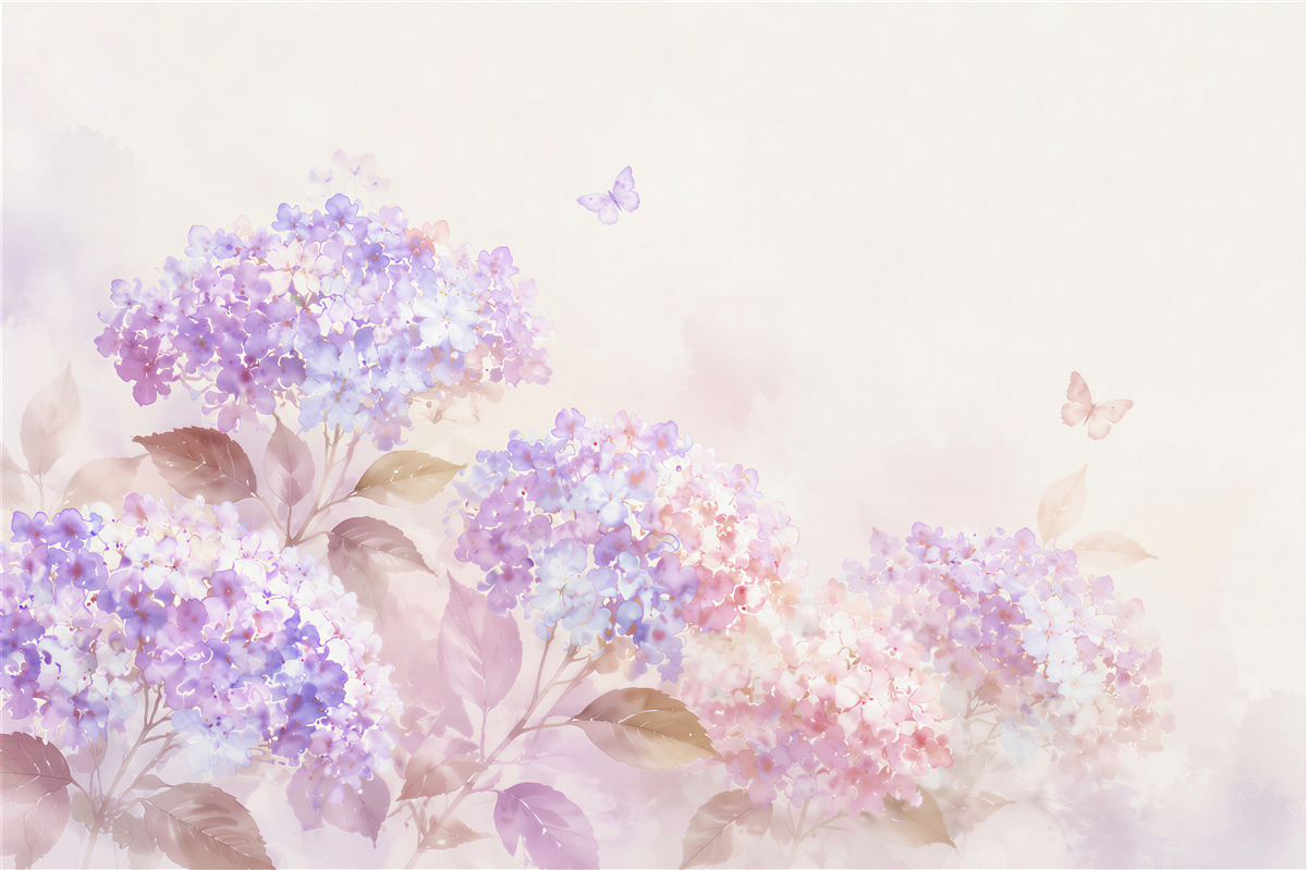 Papier peint hortensias pastel violet-rose avec des papillons pour un intérieur romantique