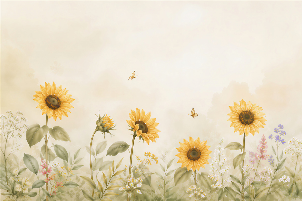 Papier peint tournesols sur un pré pastel pour un salon lumineux