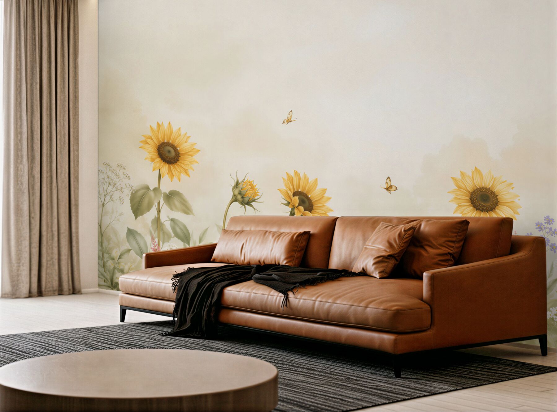 Papier peint tournesols sur un pré pastel pour un salon lumineux