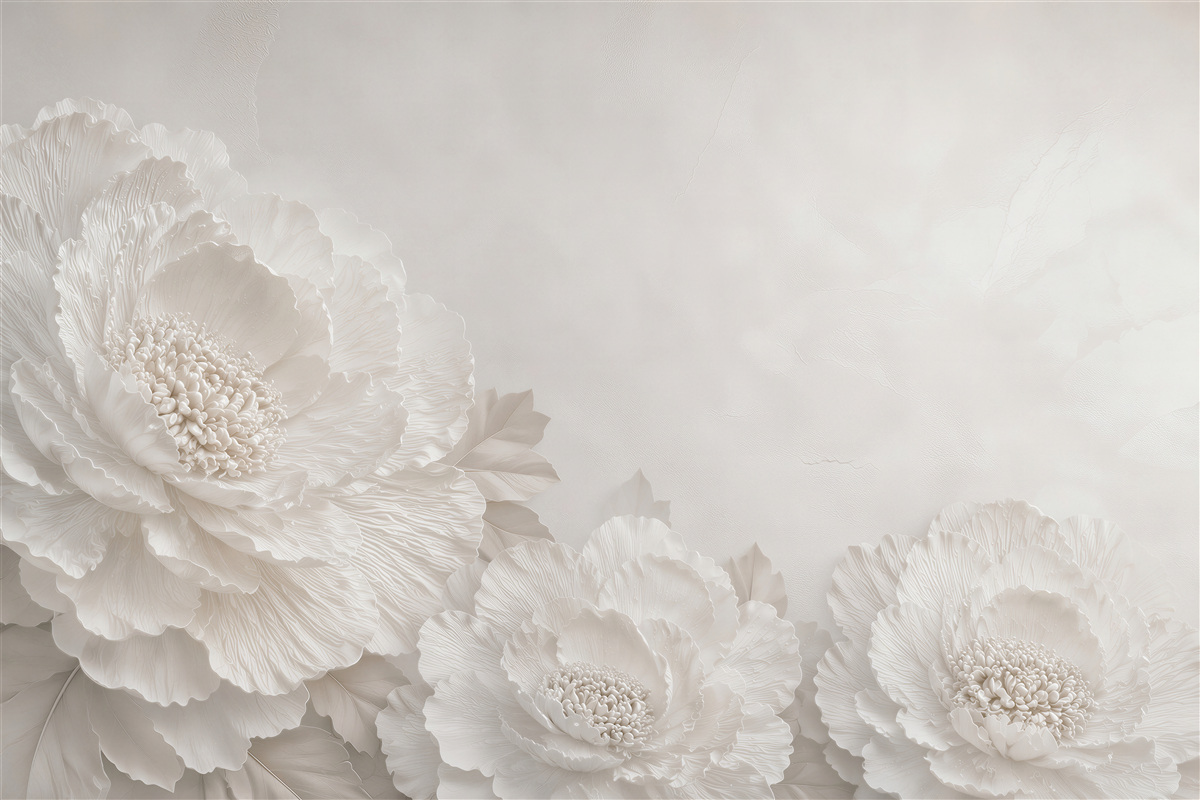 Papier peint pivoines blanches 3D dans des tons beiges élégants pour le salon