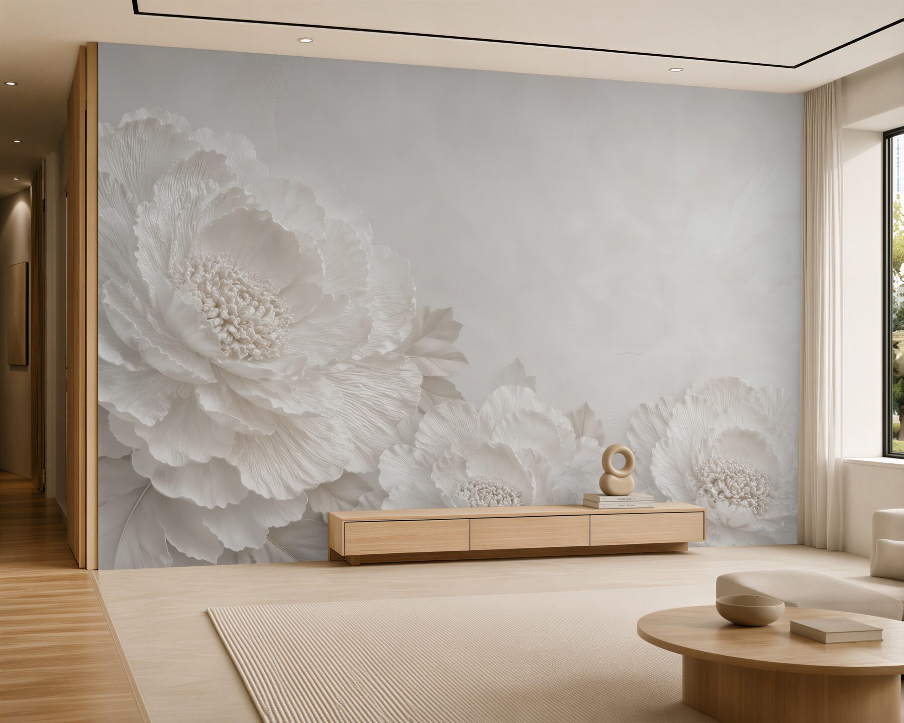 Papier peint pivoines blanches 3D dans des tons beiges élégants pour le salon