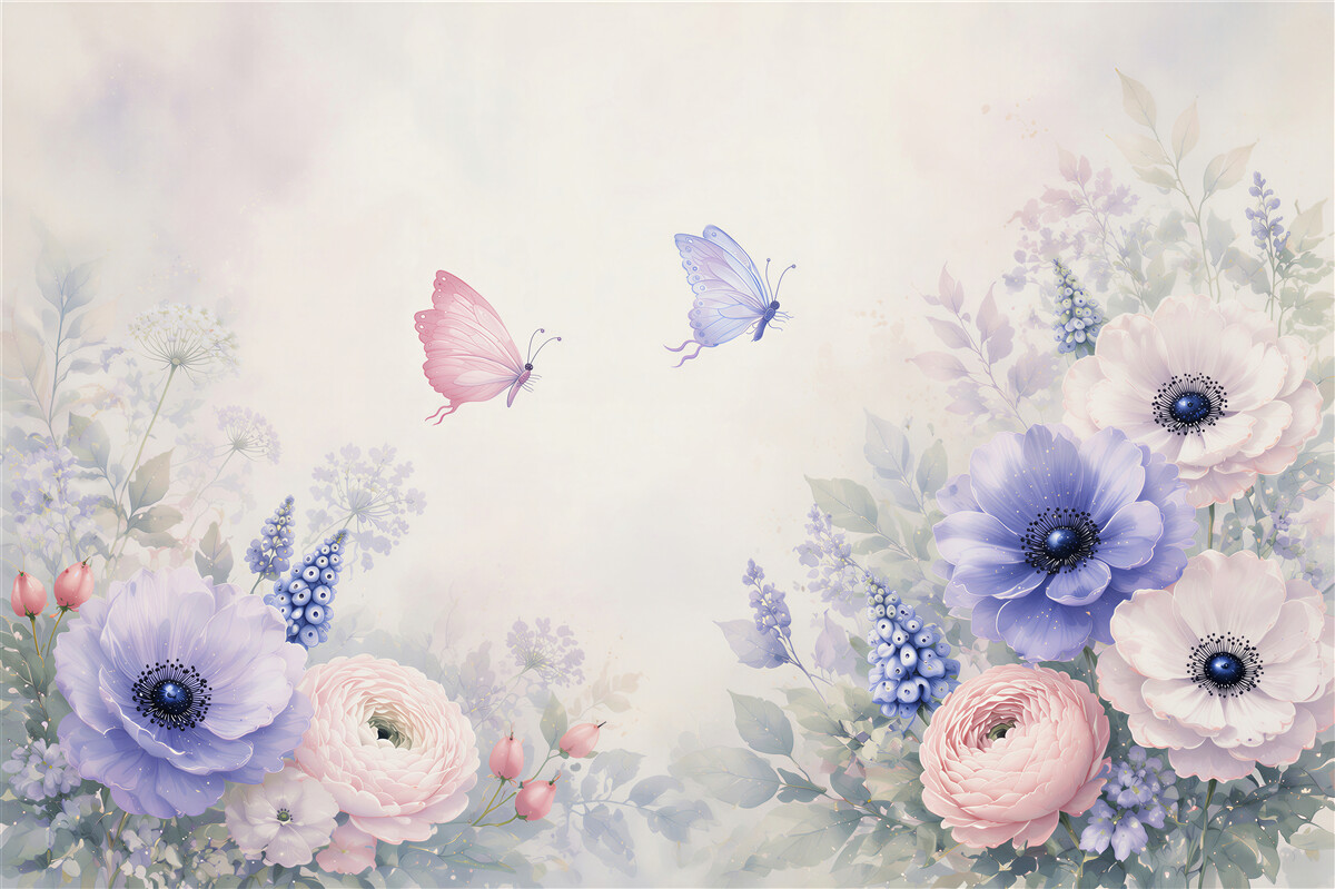 Papier peint fleurs pastel et papillons délicats romantiques pour la chambre