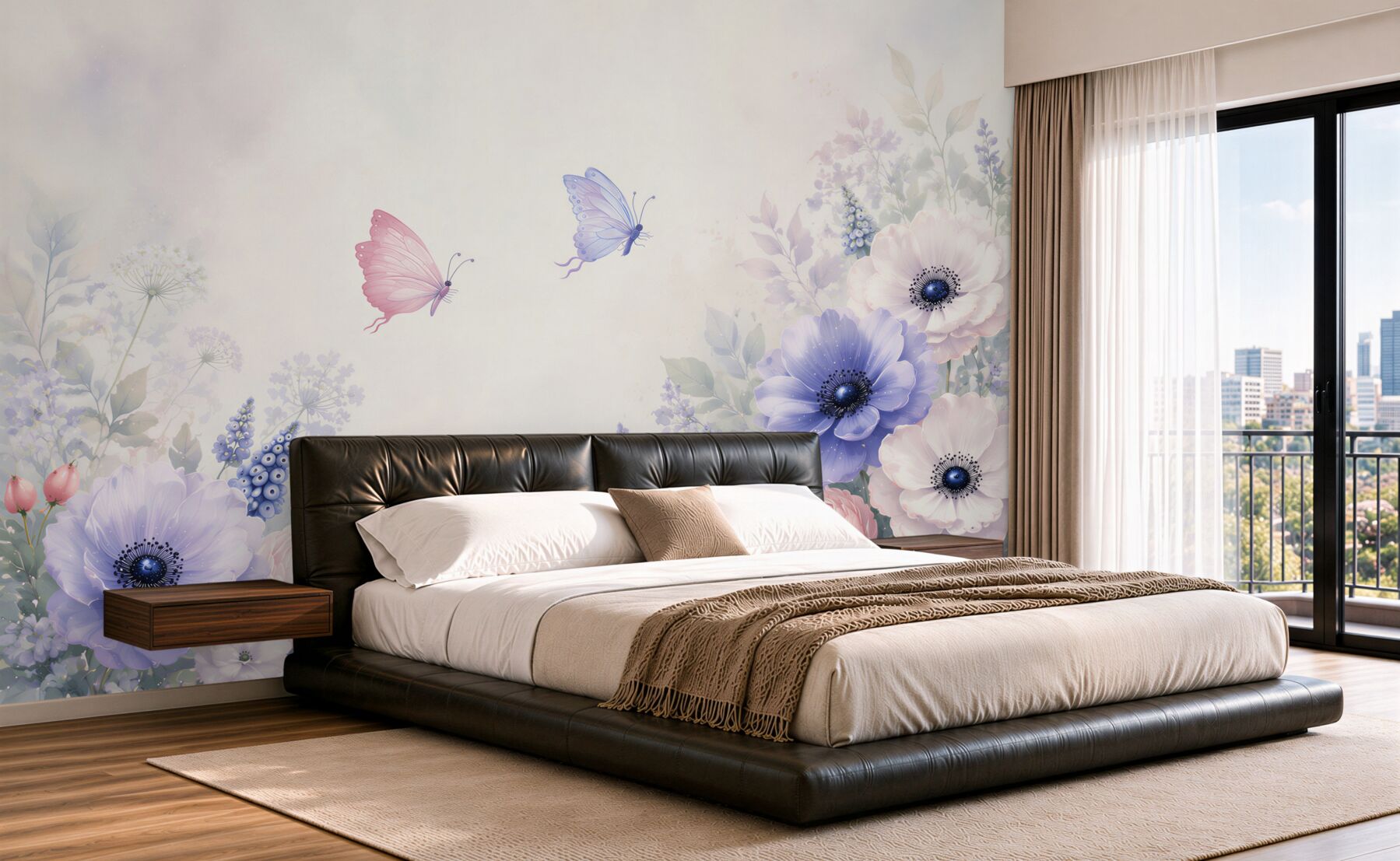 Papier peint fleurs pastel et papillons délicats romantiques pour la chambre