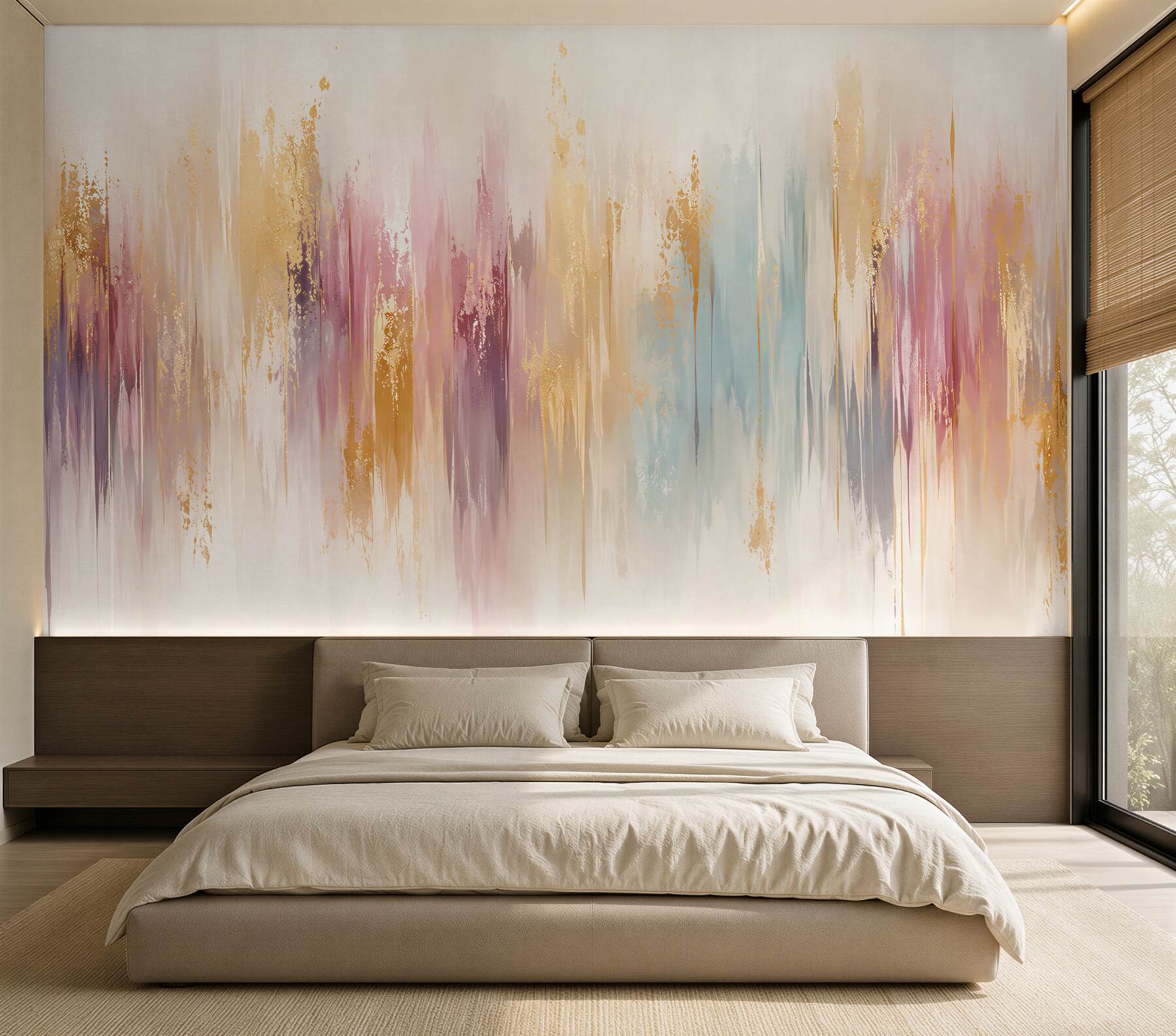 Papier peint bandes abstraites pastel avec accents dorés pour un intérieur moderne