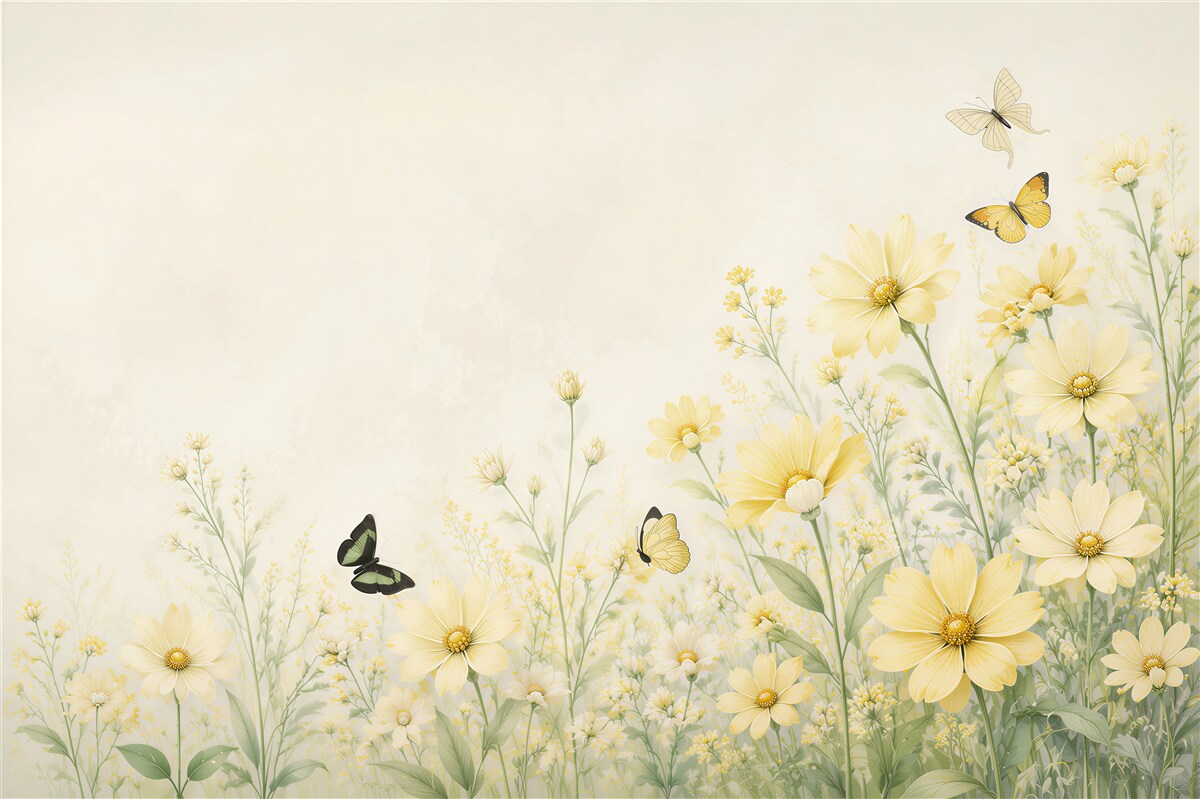 Papier peint délicates fleurs jaunes avec des papillons prairie pastel
