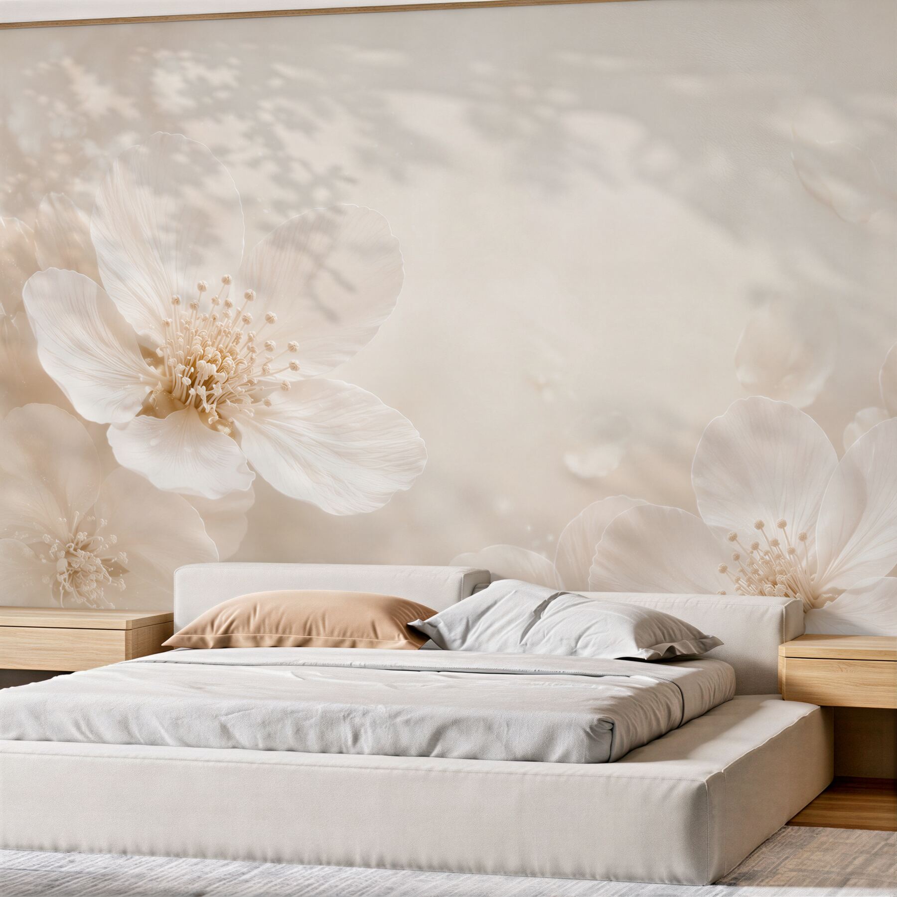 Papier peint fleurs crème dans une douce lumière beige pour la chambre