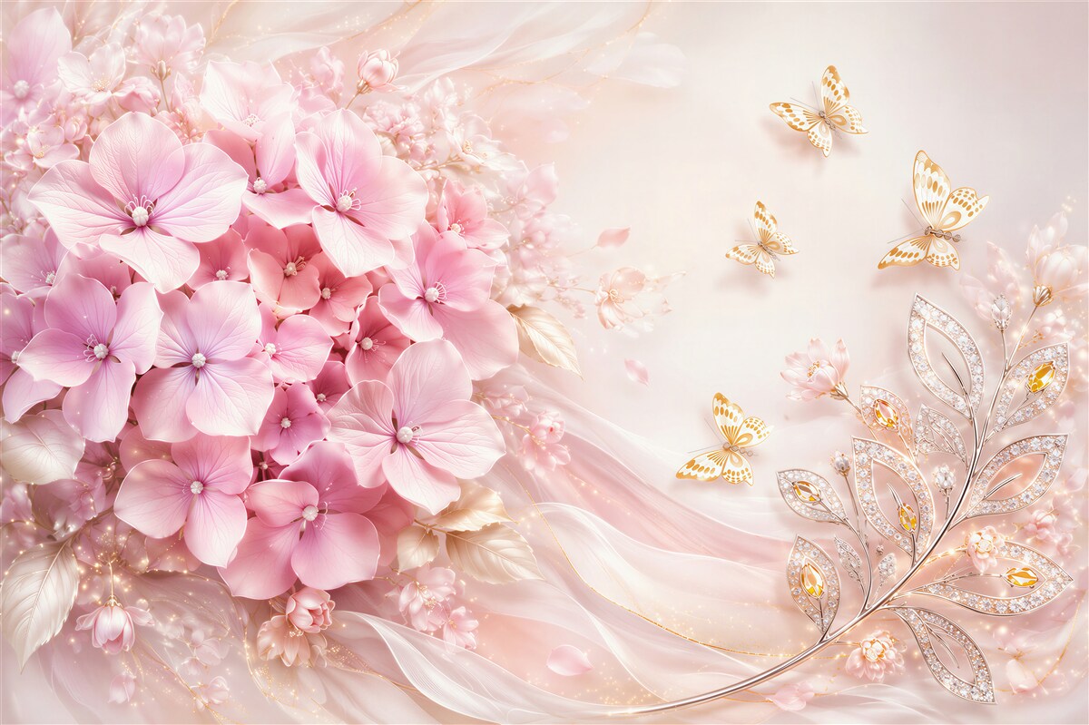 Papier peint hortensias roses avec des papillons composition pastel élégante