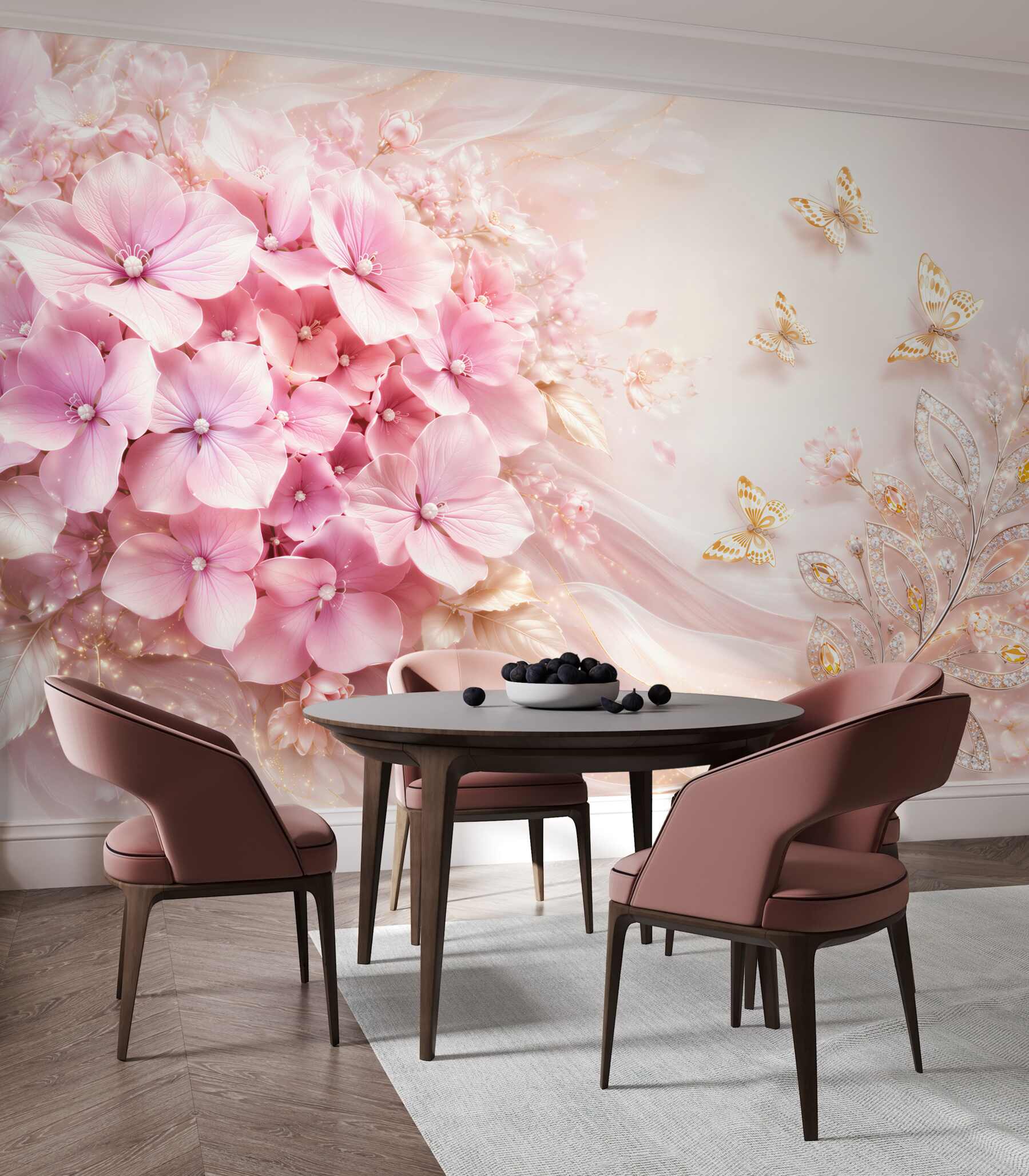 Papier peint hortensias roses avec des papillons composition pastel élégante