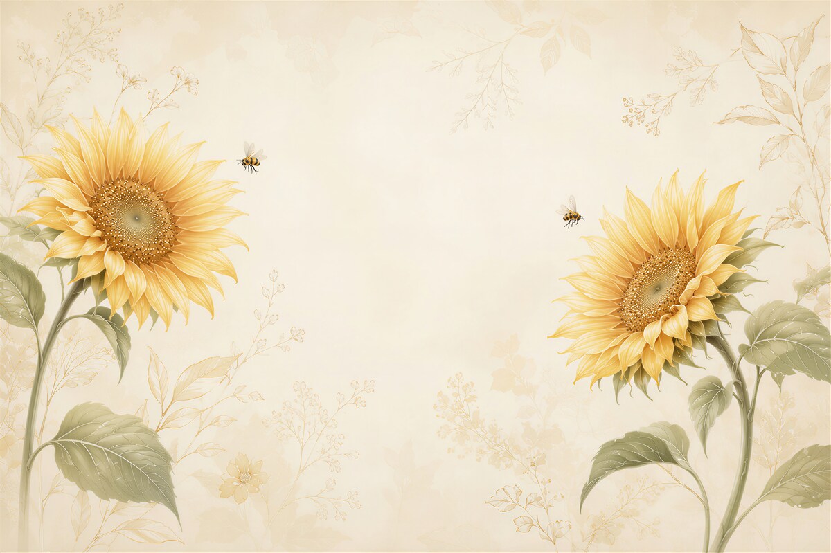 Papier peint tournesols avec des abeilles sur fond crème clair
