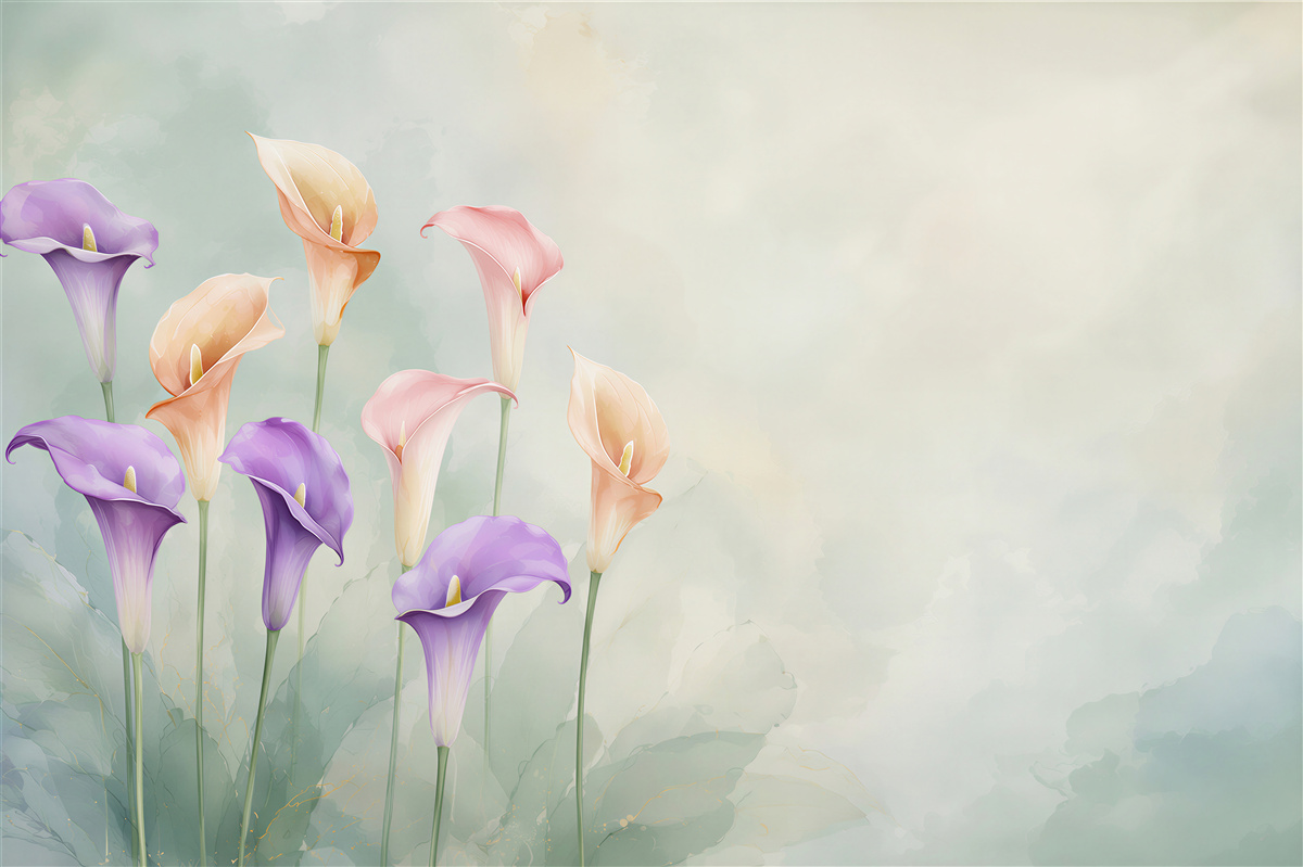 Papier peint callas pastel violettes et pêches sur fond aquarelle