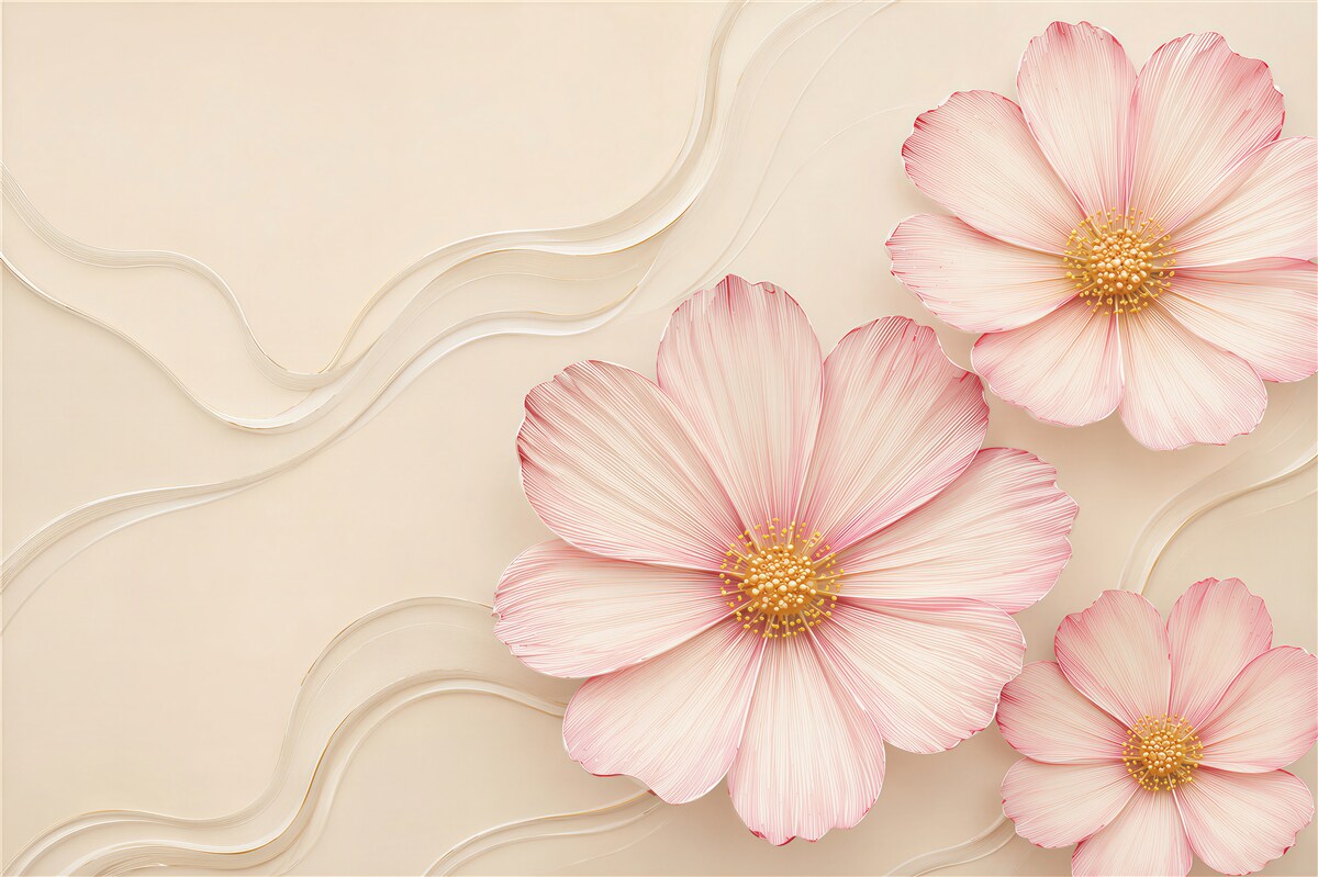 Papier peint fleurs roses 3D sur fond beige élégantes