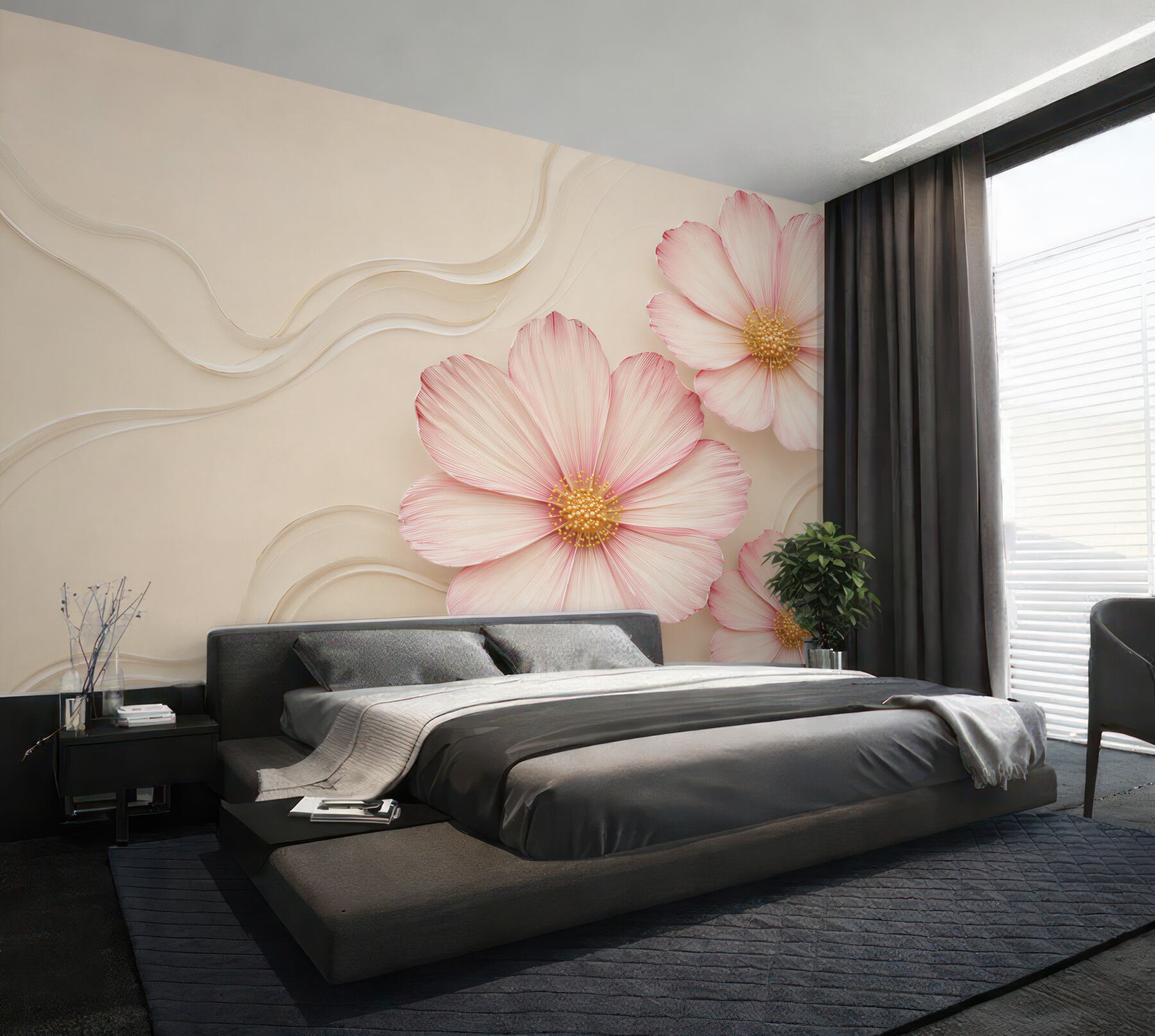Papier peint fleurs roses 3D sur fond beige élégantes
