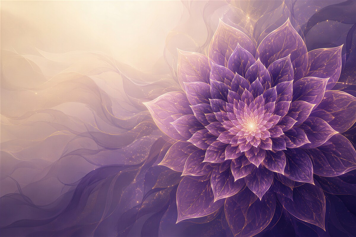 Papier peint fleur mandala violette avec accents dorés abstraite