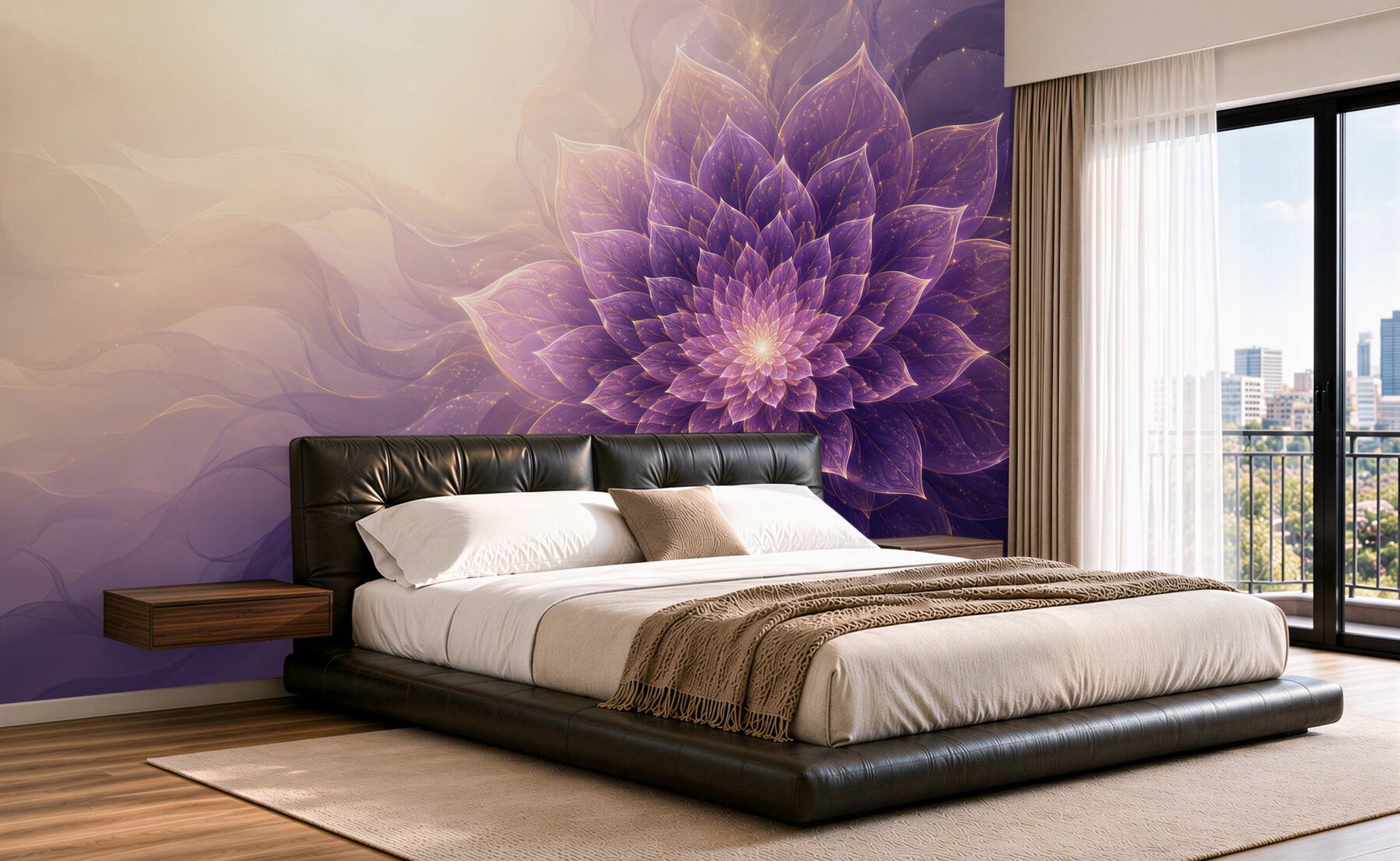Papier peint fleur mandala violette avec accents dorés abstraite