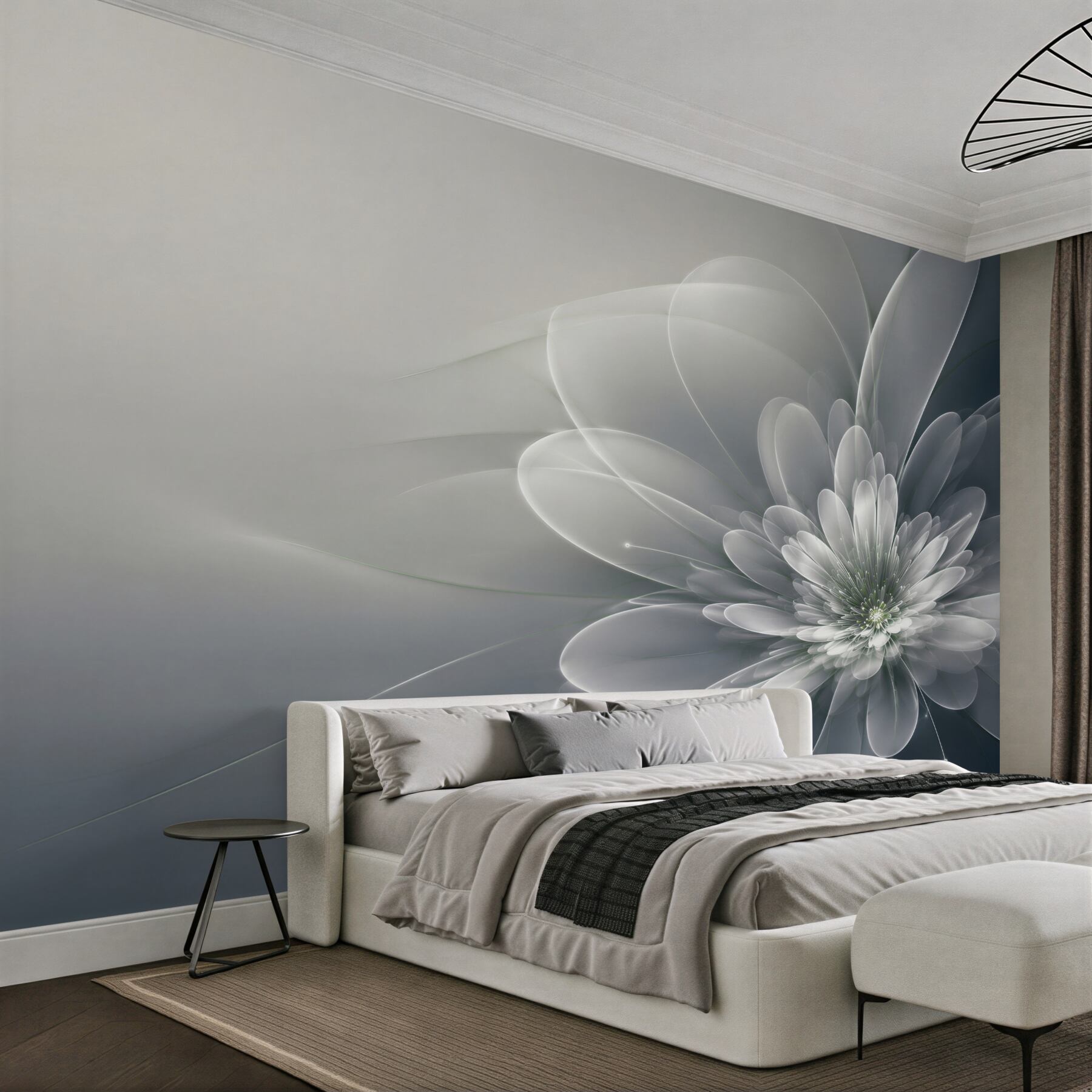 Papier peint fleur blanche abstraite sur fond gris moderne