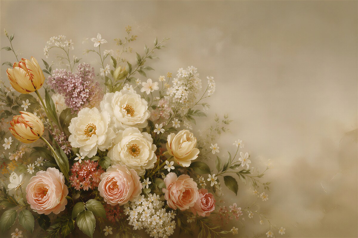 Papier peint bouquet romantique de fleurs dans des tons beiges et crème