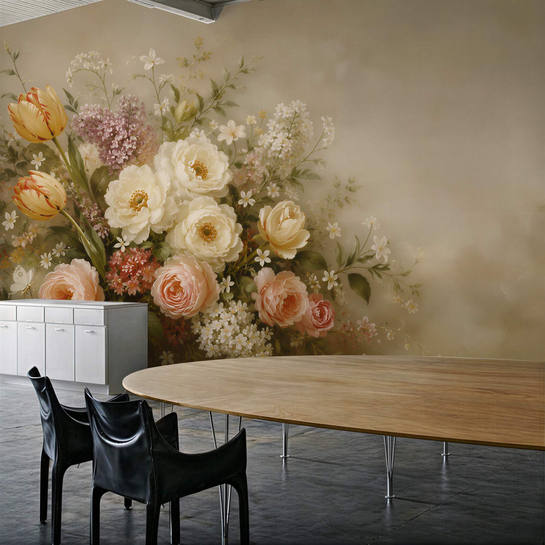 Papier peint bouquet romantique de fleurs dans des tons beiges et crème