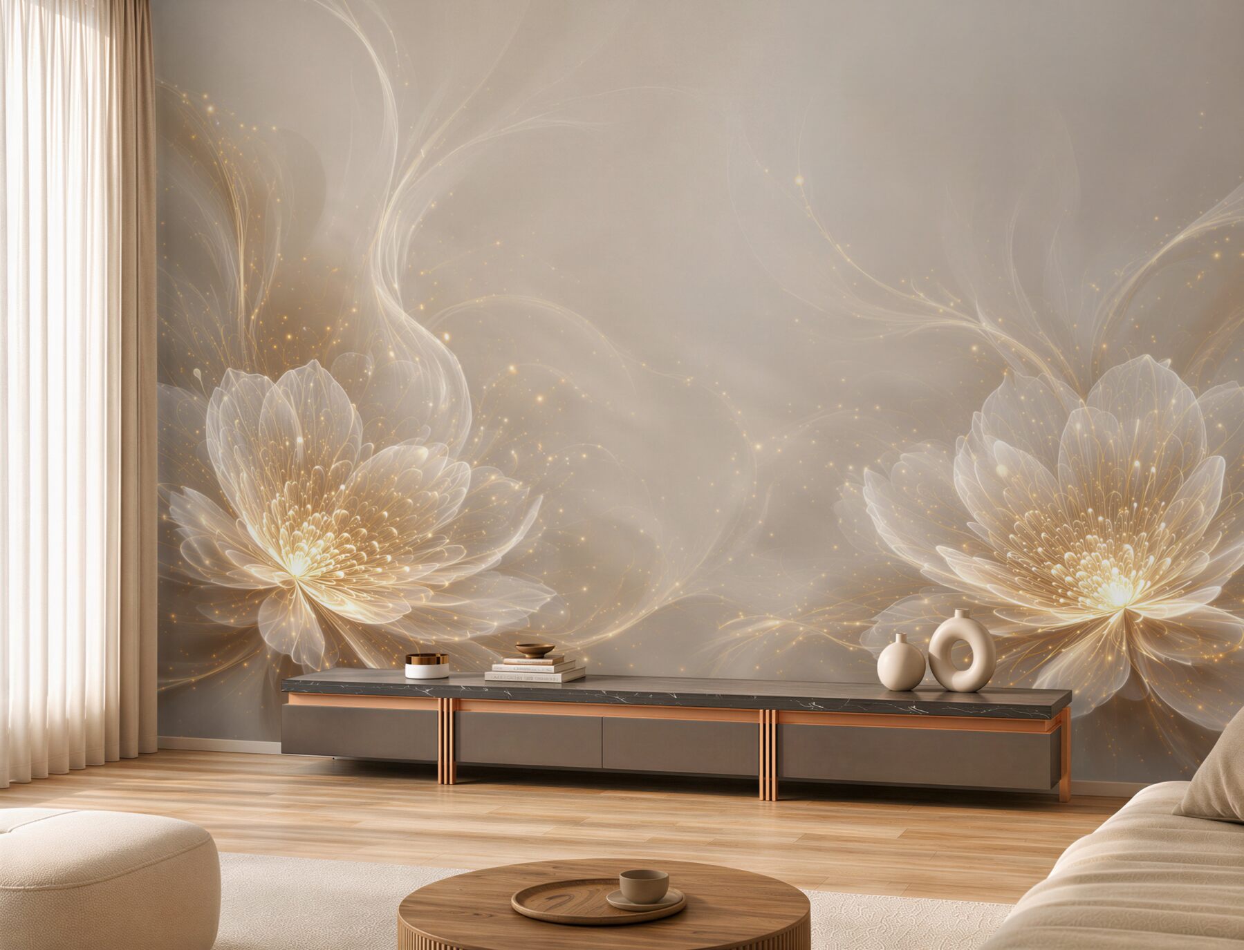 Papier peint fleurs lumineuses beige et dorées abstraites élégantes