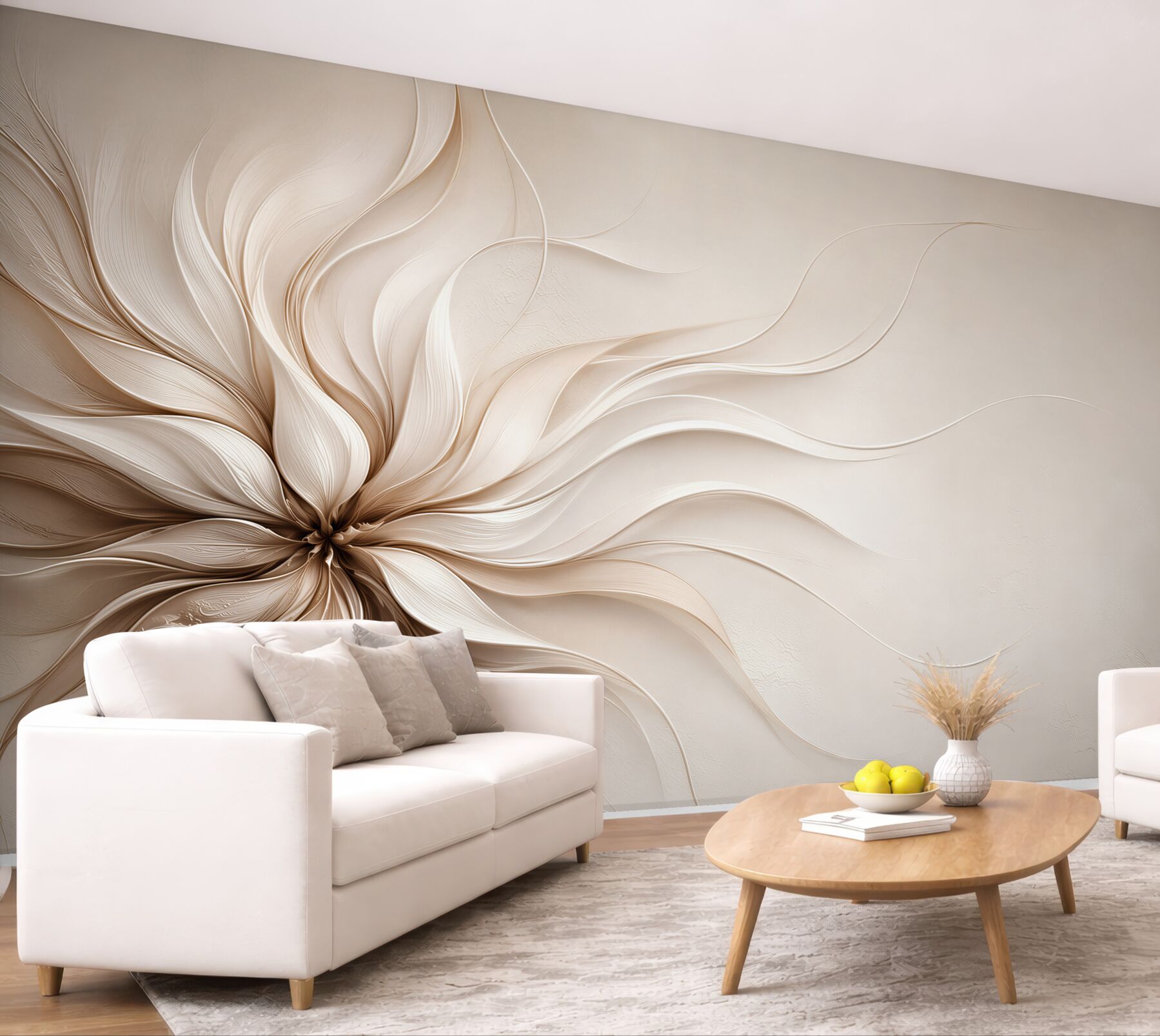 Papier peint fleur abstraite 3D beige moderne