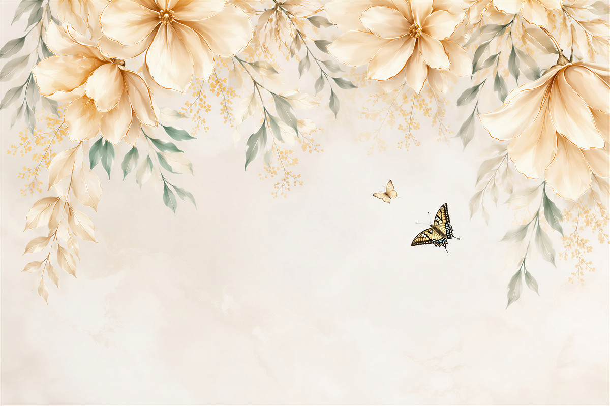 Papier peint fleurs beiges avec des papillons élégance subtile pour la chambre