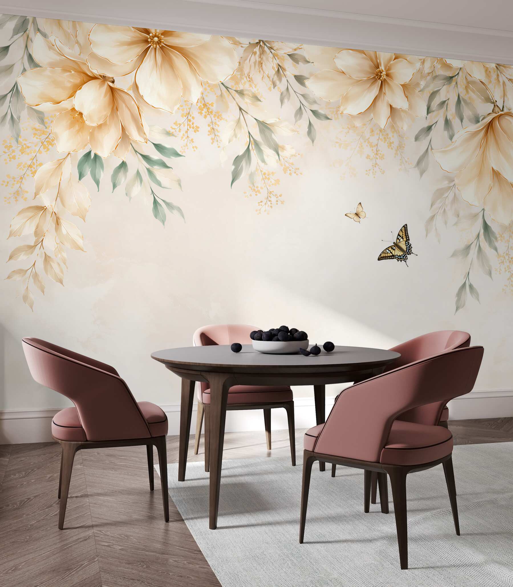 Papier peint fleurs beiges avec des papillons élégance subtile pour la chambre