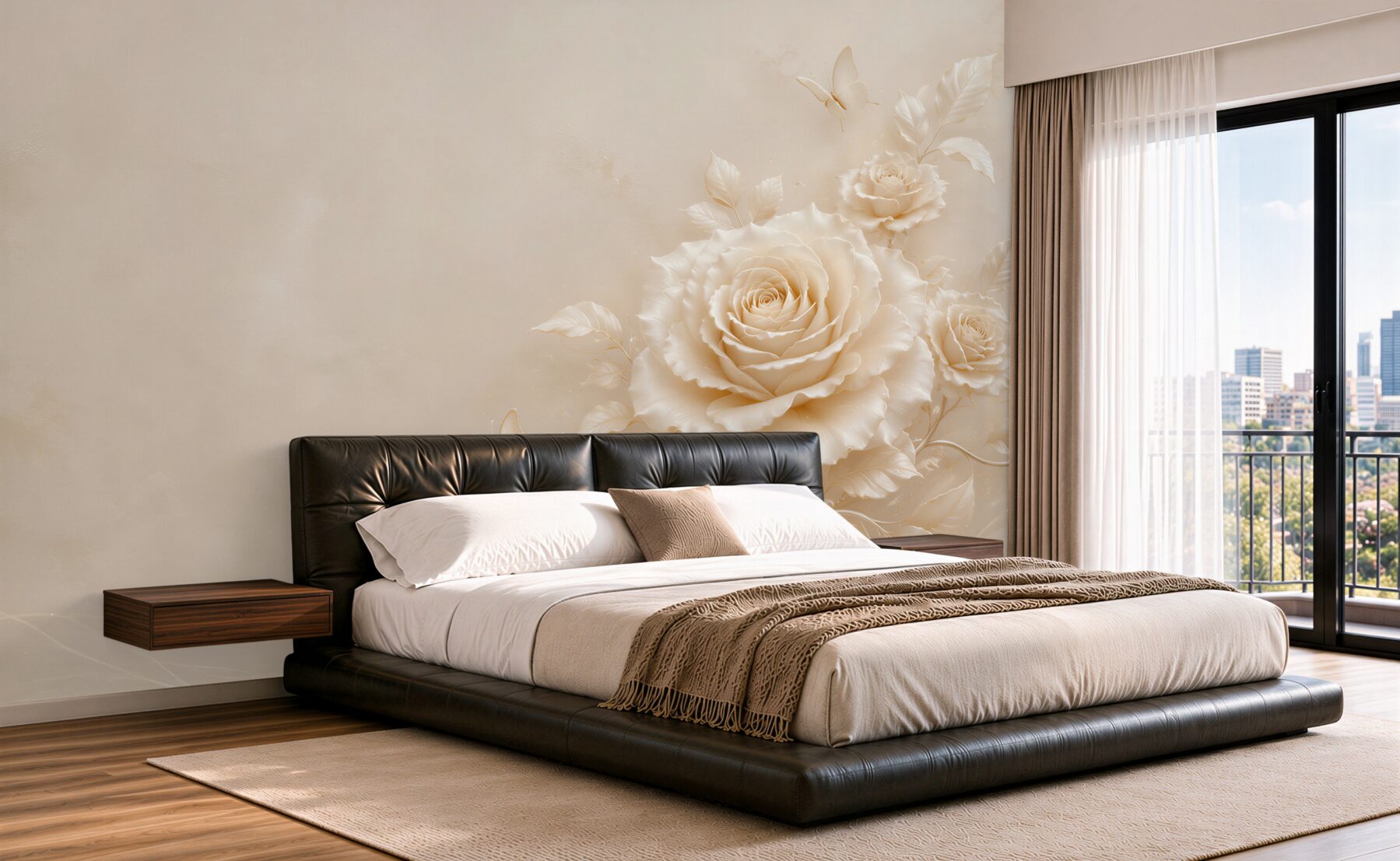 Papier peint roses crème avec papillons élégance subtile pour salon