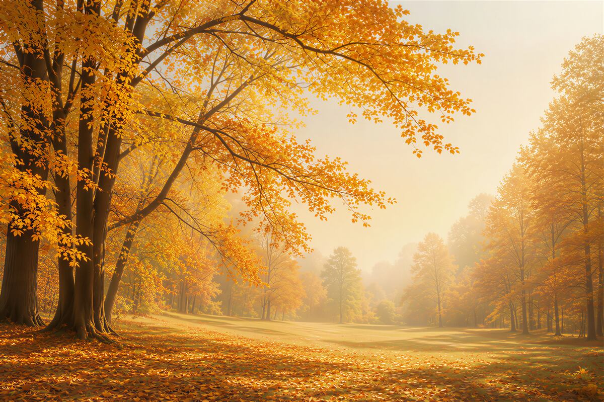 Papier peint parc d'automne avec des arbres dorés dans la lumière du matin