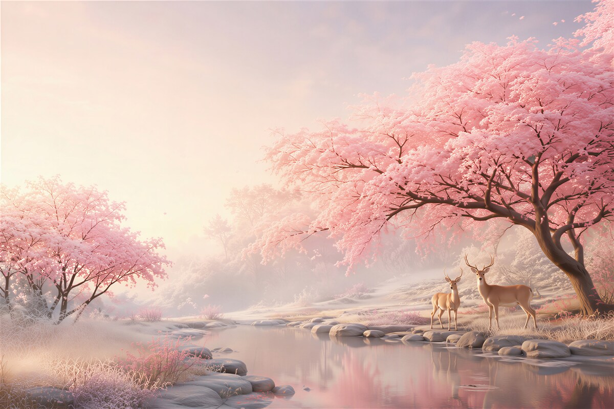 Papier peint arbres en fleurs roses et cerfs au bord de la rivière paysage féerique