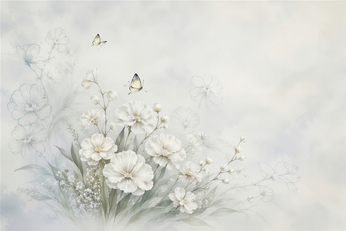 Papier peint fleurs blanches avec des papillons sur fond pastel romantique