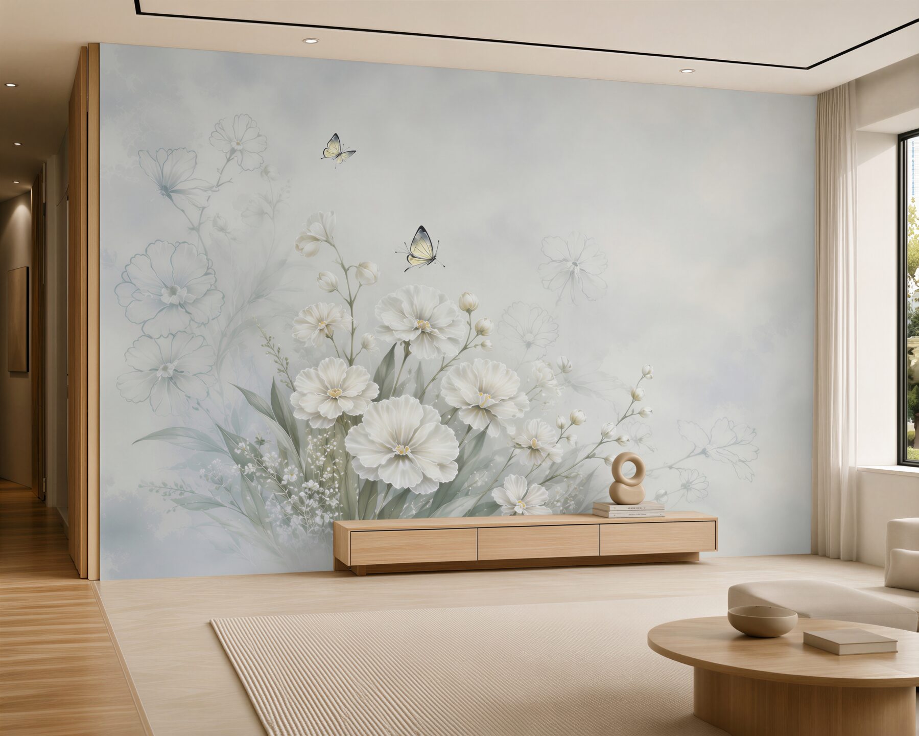 Papier peint fleurs blanches avec des papillons sur fond pastel romantique